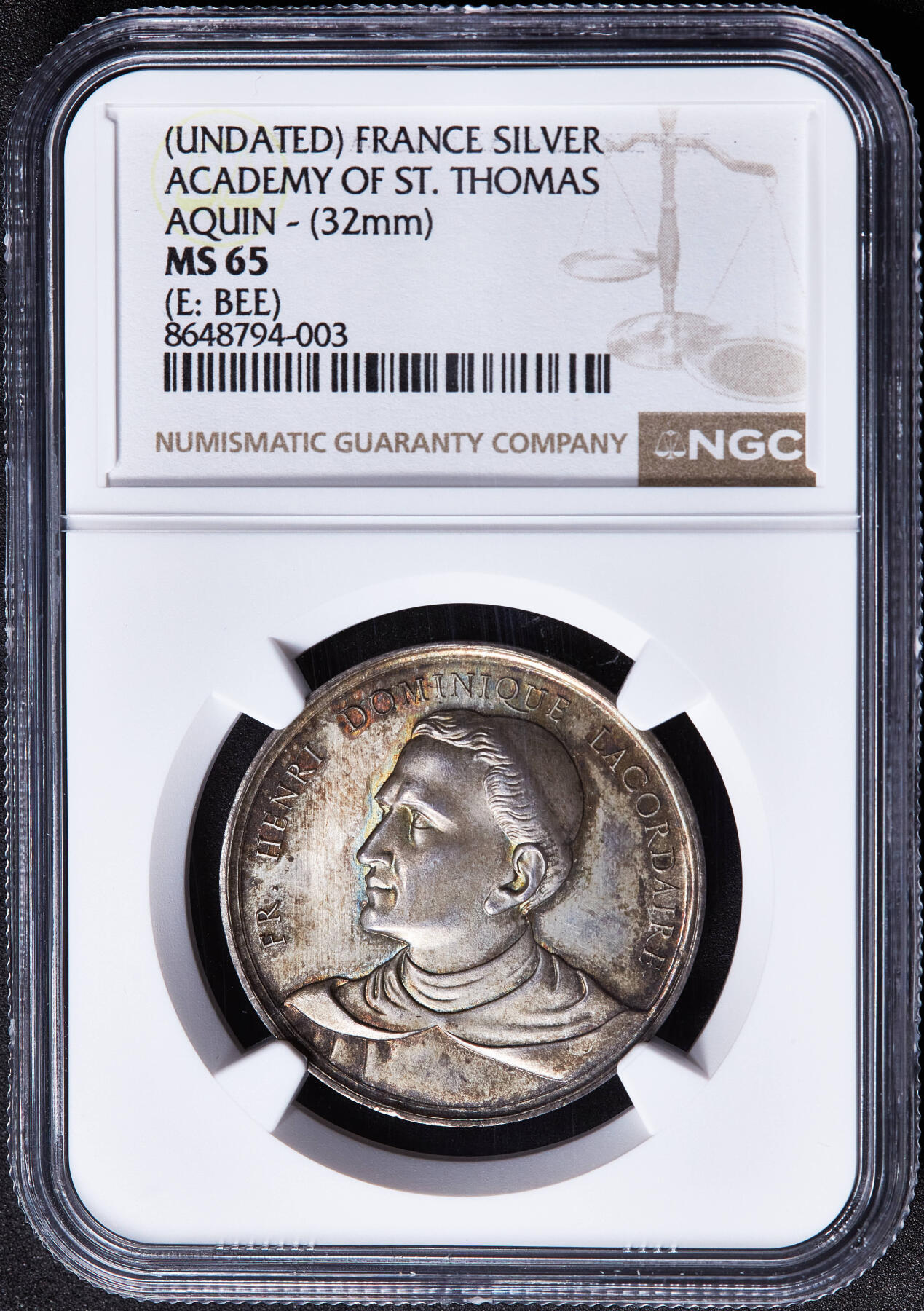 【俄甄集藏】2026年(050)04-01星期三 晚 19:30 全场包邮 法国1860-1879年社会改革家亨利·拉科代尔头像纪念圣托马斯·阿奎那学院银章，NGC MS65，五彩，顶级状态