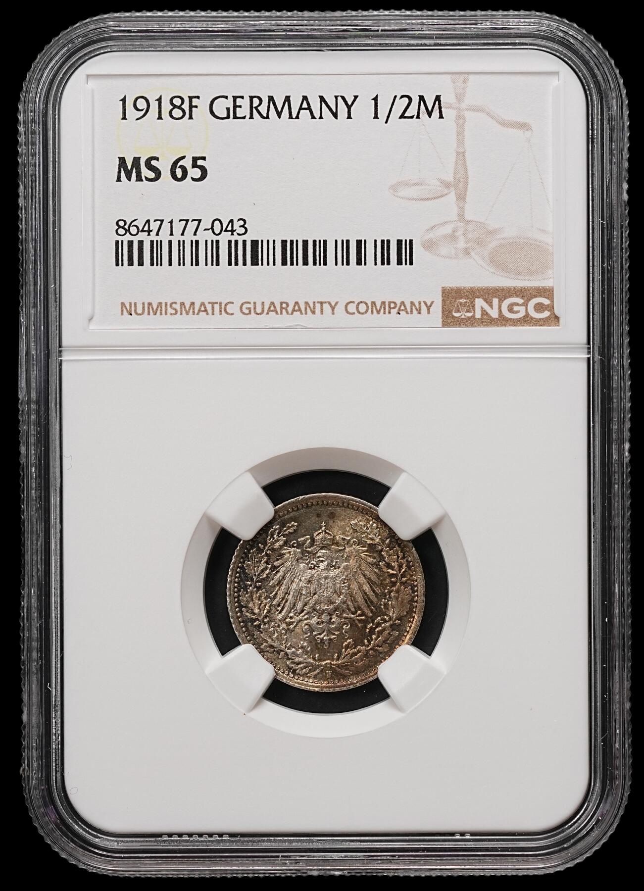 修遠堂世界钱币第109期 NGC MS65 1918年德国1/2马克银币，F厂铭