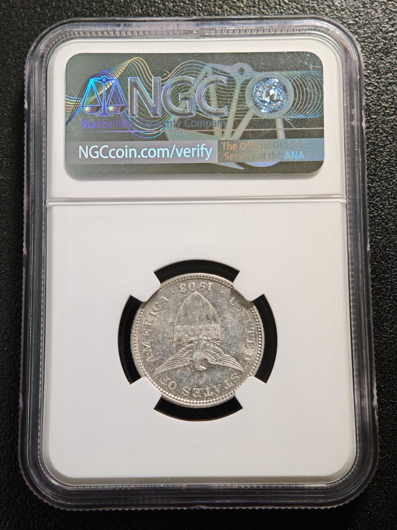 【德藏】世界币章拍卖第169期（拍品征集中~欢迎藏友联系） 1903年 美属菲律宾女神大版20分银币 NGC AU55 状态安逸