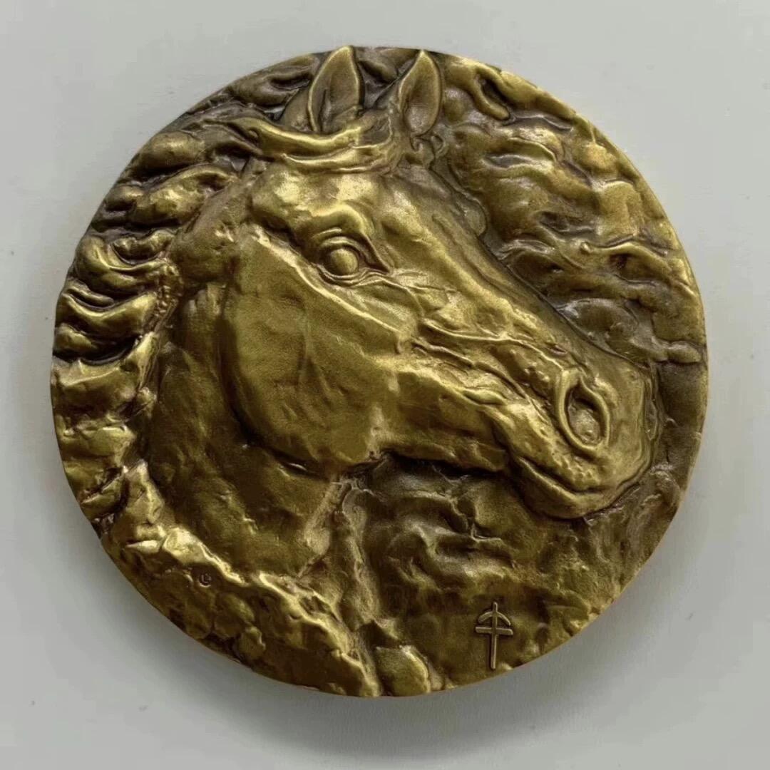 中国铜章专拍 上海造币厂十二生肖兽首之马年铜章.兽首马铜章.60mm.黄铜带证书