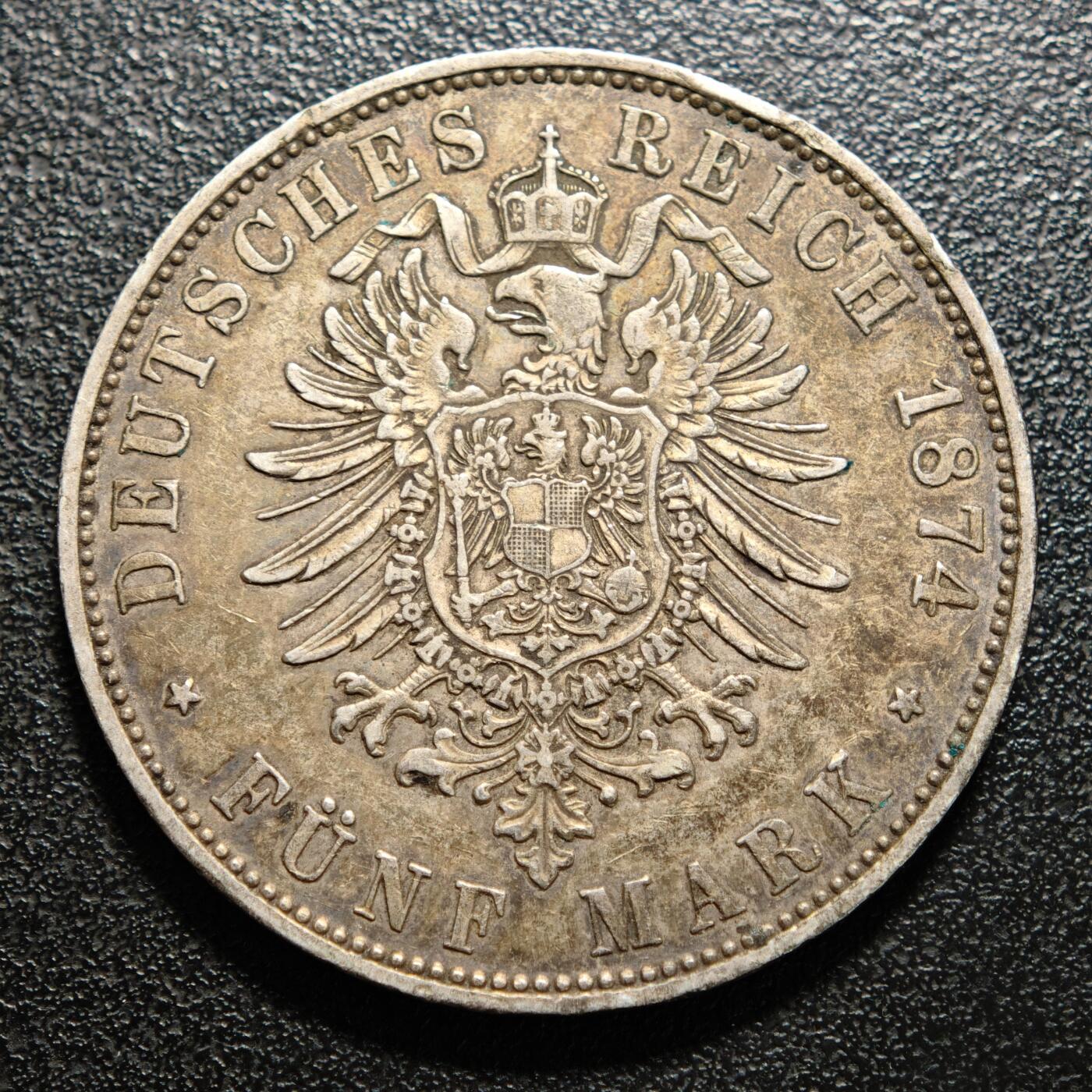 【德藏】世界币章拍卖第169期（拍品征集中~欢迎藏友联系） 1874年 德国巴伐利亚路德维希二世5马克大银币 直径约：38mm；重约：27.6g 原味酱彩包浆