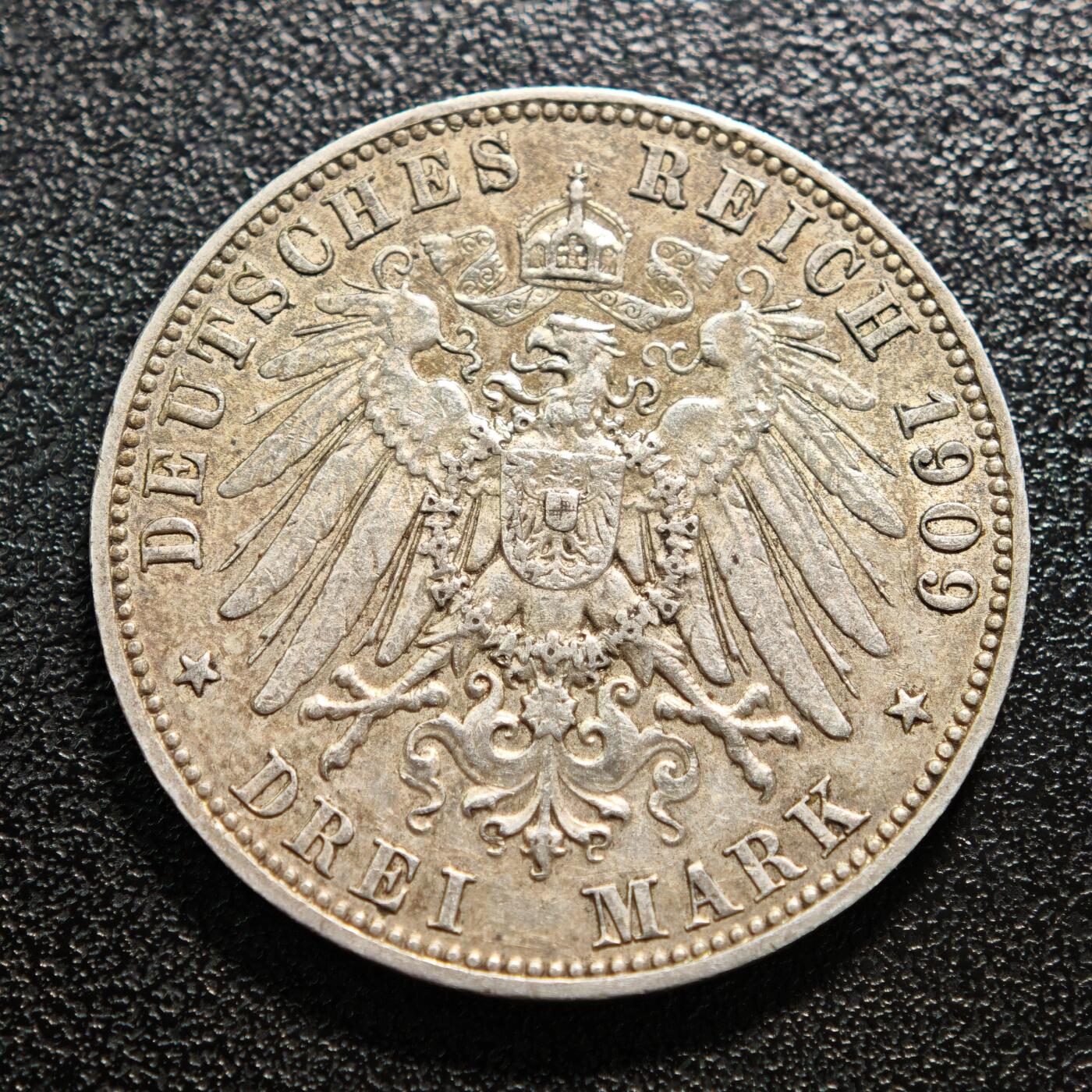 【德藏】世界币章拍卖第169期（拍品征集中~欢迎藏友联系） 1909年 德国萨克森弗里德里希3马克银币 直径约：32.9mm；重约：16.7g 淡彩包浆