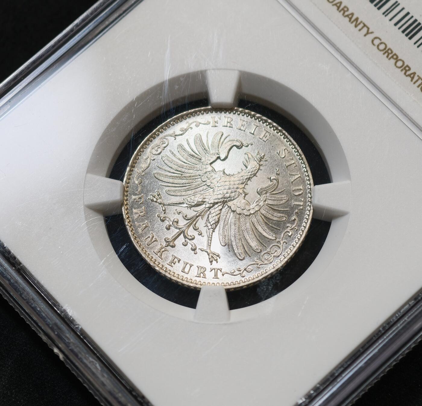 “方寸甄品”甄品场，甄臻铺-世界币章拍卖（第57期，直播拍卖），送拍享返佣金等优惠多多 NGC MS66 1847年德国年法兰克福1/2古尔登银币，冠军分，少见版本，顶级状态，一步到位