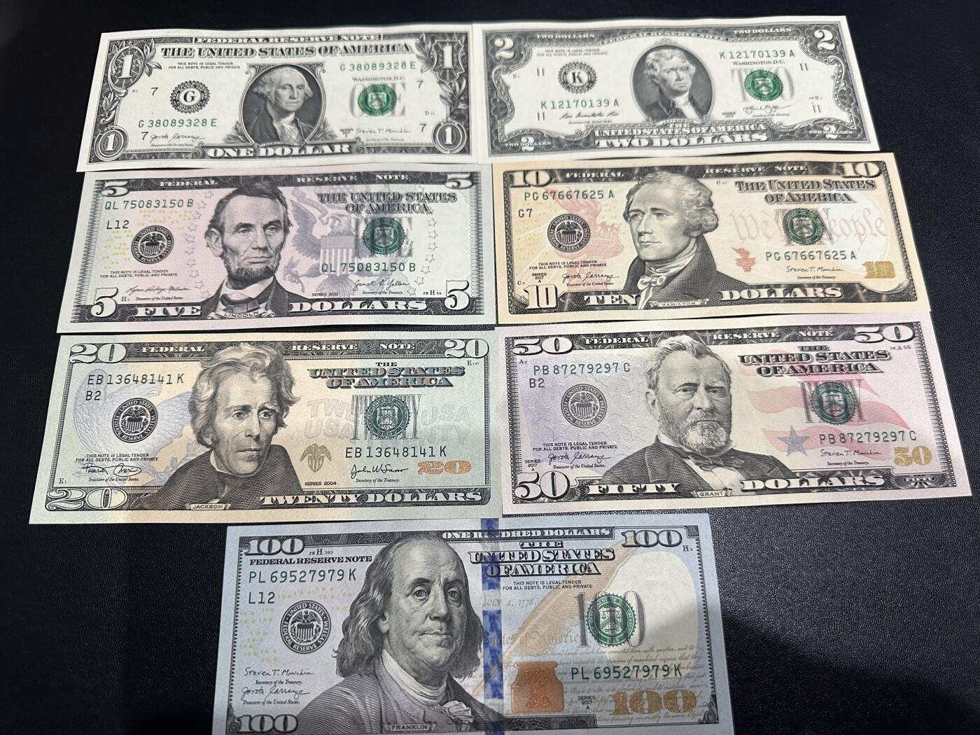 《外钞收藏家》第六百二十一期（精选场）（长期征集拍品、欢迎藏友们联系合作） 美国彩版1-100美元 一套7张一起 全新UNC