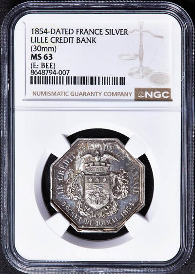 【俄甄集藏】2026年(050)04-01星期三 晚 19:30 全场包邮 - 法国1854年里尔信贷银行八角银质代用币章，NGC MS63，底板凝霜，五彩环彩，蜜蜂铭