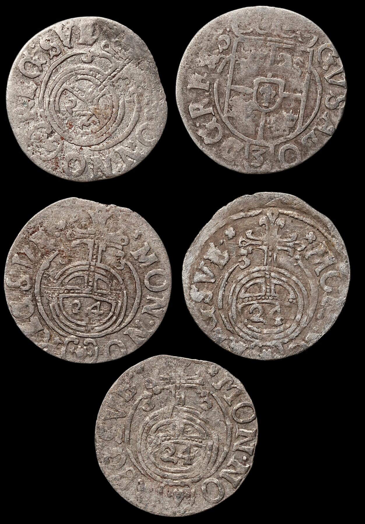 修遠堂世界钱币第109期 1635年瑞典占领埃尔宾1/24泰勒银币5枚，第一组，总重4.52g