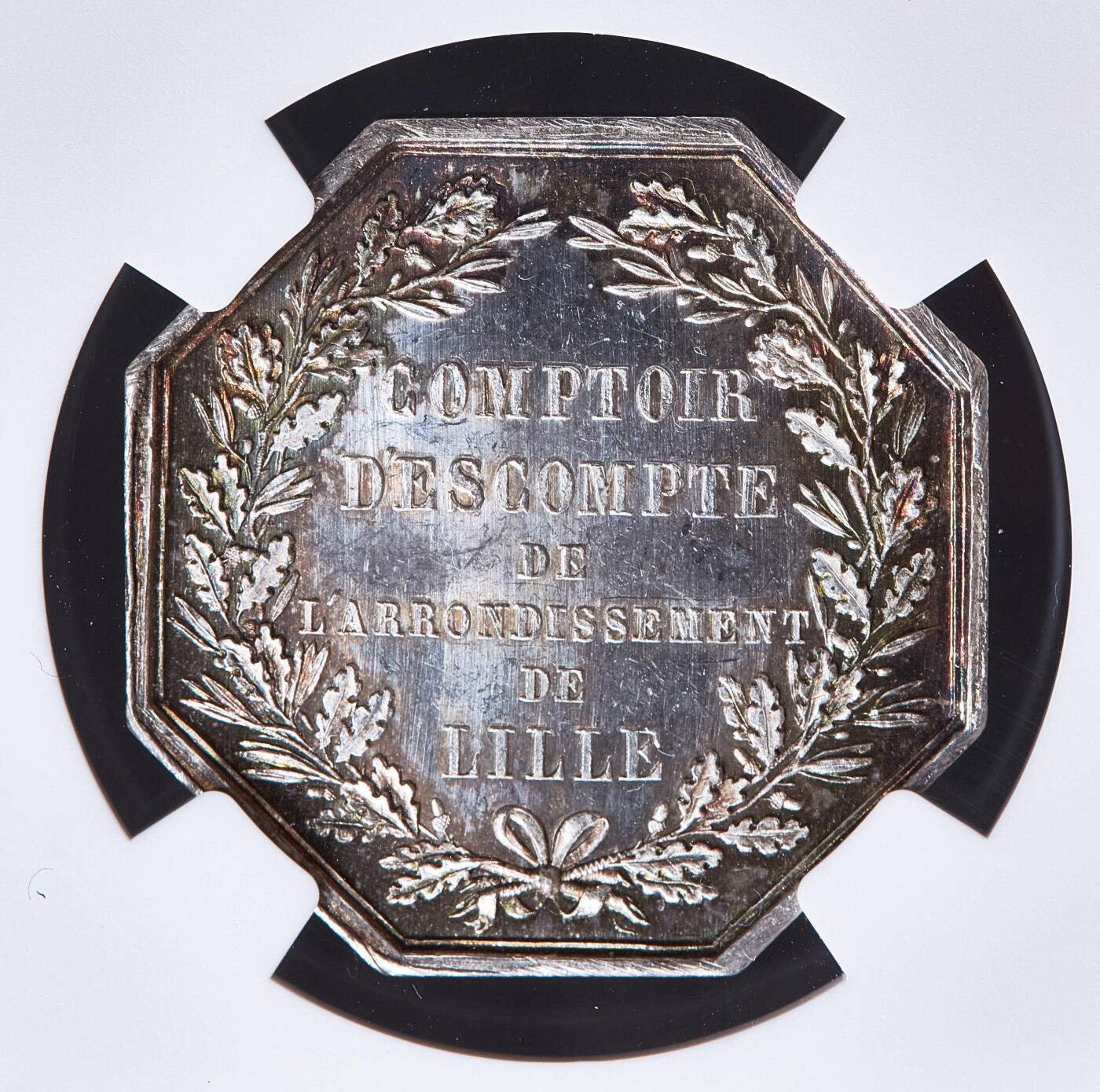 【俄甄集藏】2026年(050)04-01星期三 晚 19:30 全场包邮 法国1854年里尔信贷银行八角银质代用币章，NGC MS63，底板凝霜，五彩环彩，蜜蜂铭