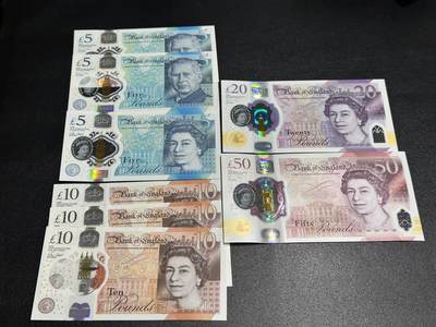 《外钞收藏家》第六百二十一期（精选场）（长期征集拍品、欢迎藏友们联系合作） - 英国塑料钞查尔斯版5镑2张+女王版5、10、20、50镑（10镑有3张）8张一起 全新