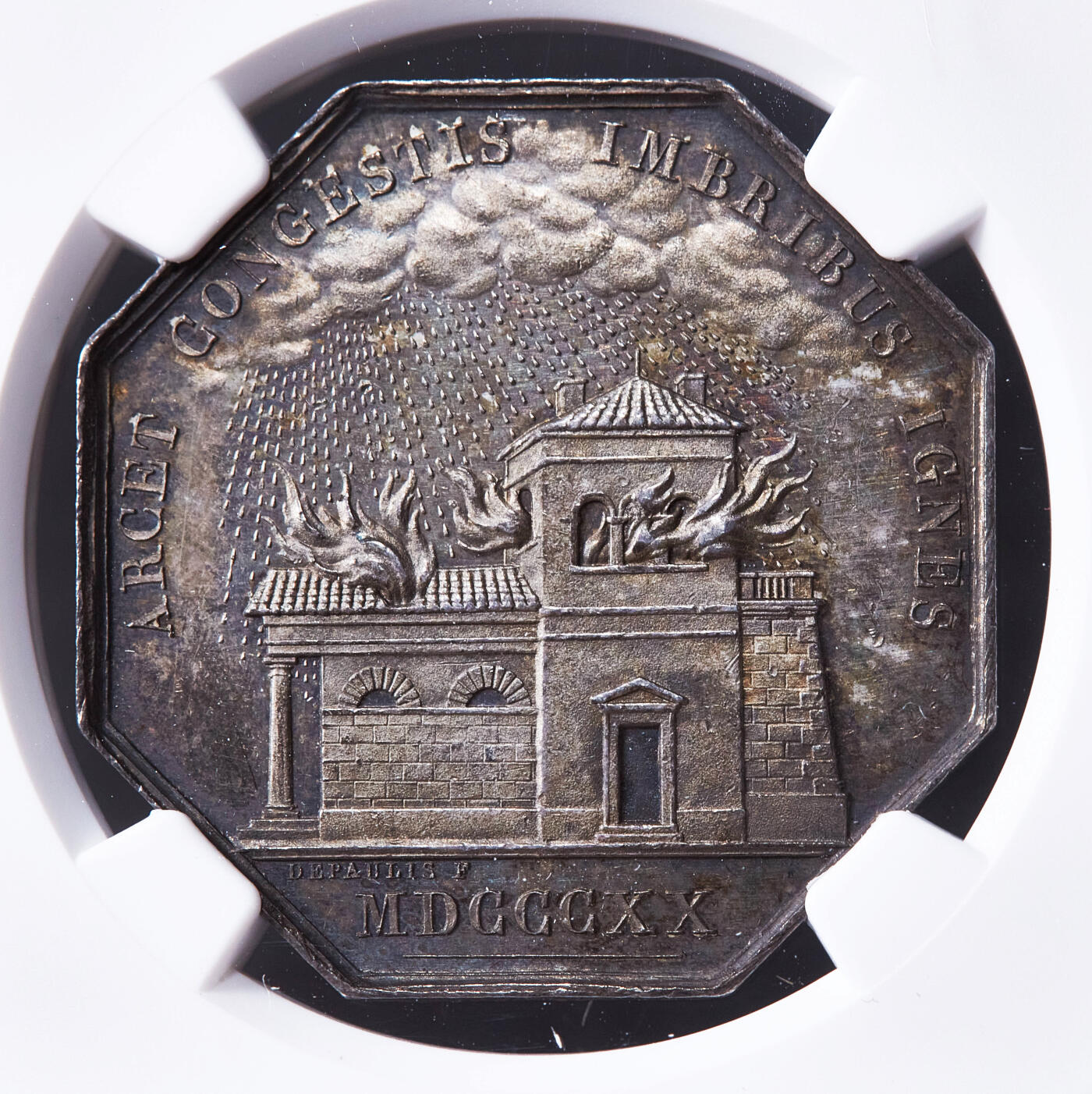 【俄甄集藏】2026年(050)04-01星期三 晚 19:30 全场包邮 法国1820年卢瓦雷省火灾保险公司银质八角代用币章，NGC MS62，酱彩包浆，稀少品种，蜜蜂铭