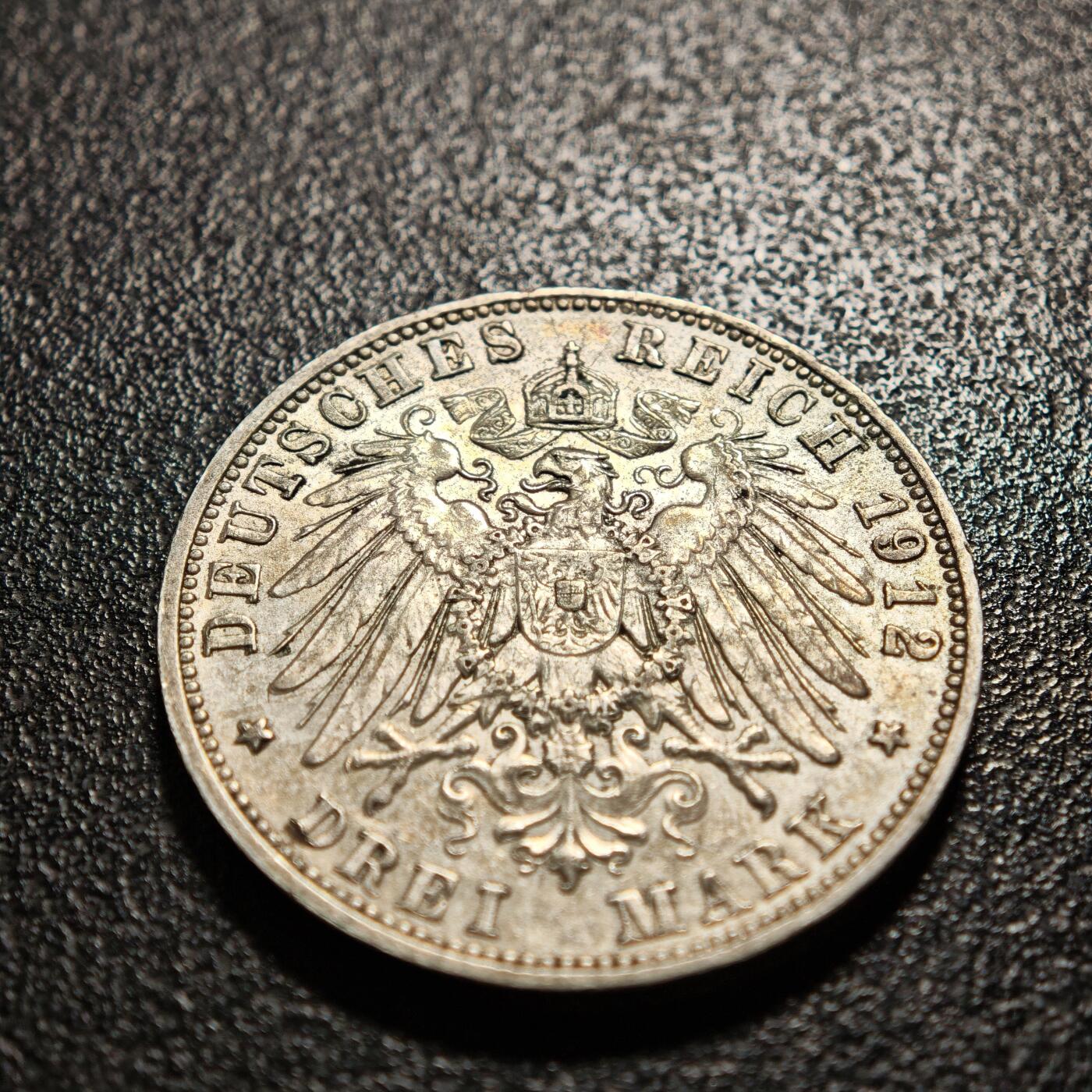 【德藏】世界币章拍卖第169期（拍品征集中~欢迎藏友联系） 1912年 德国巴伐利亚奥托3马克银币 直径约：33.1mm；重约：16.6g 原味淡包浆