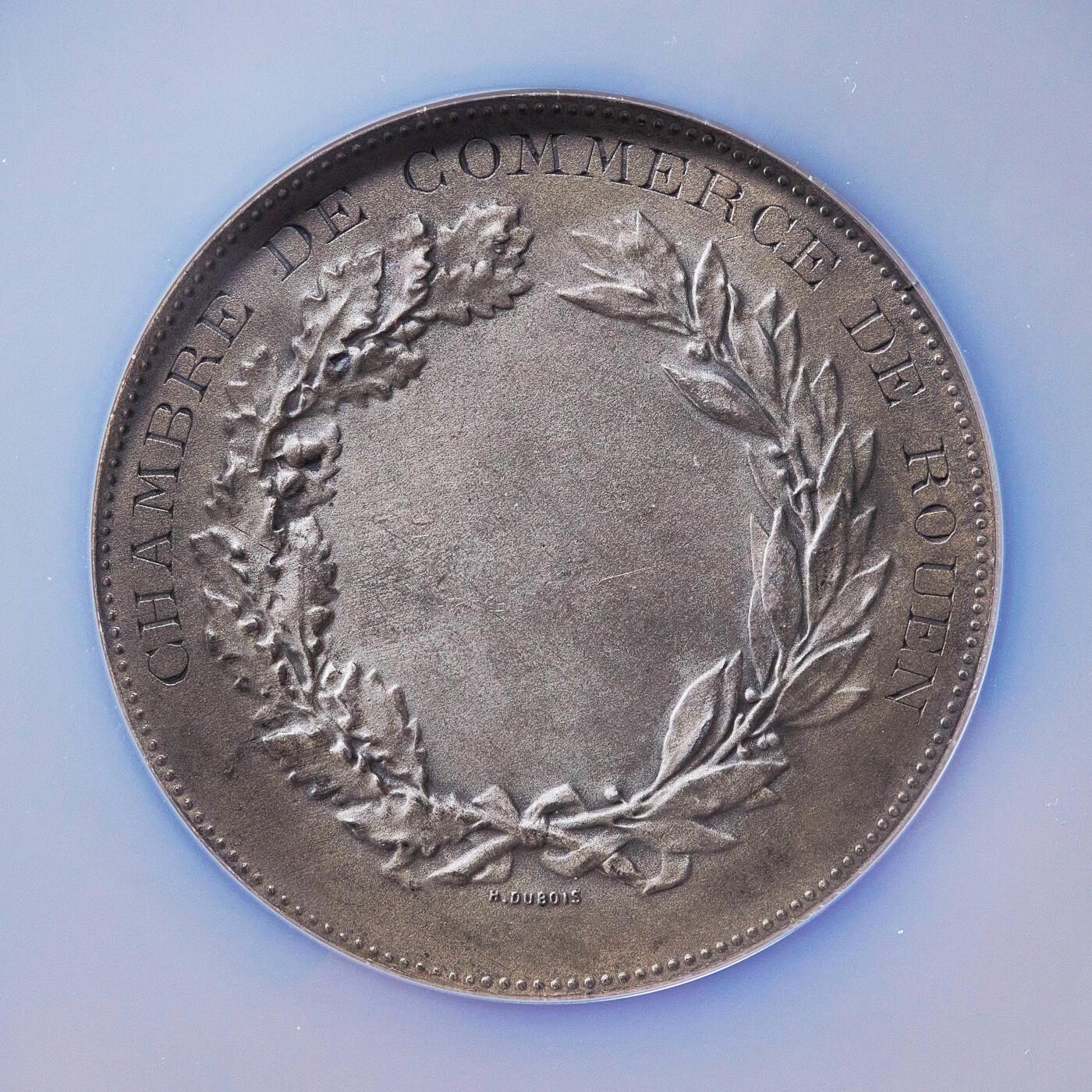 【俄甄集藏】2026年(050)04-01星期三 晚 19:30 全场包邮 法国19世纪玛丽安娜头像鲁昂商会纪念贸易成就大银章，NGC MS64，黄油酱彩老包浆，高浮雕，细节状态佳，直径50mm，名家欧仁·杜皮斯作品，丰饶角铭