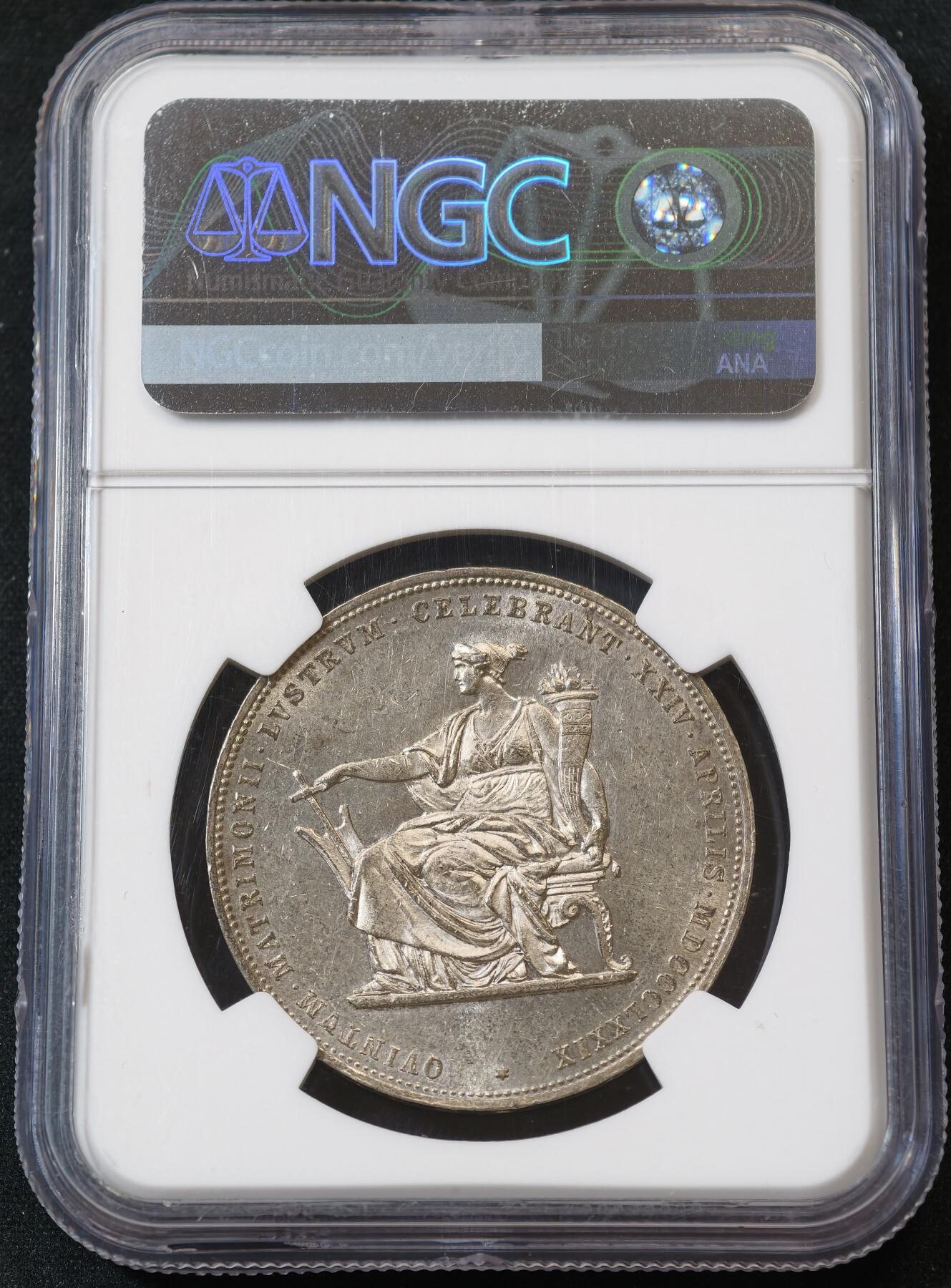 “方寸甄品”甄品场，甄臻铺-世界币章拍卖（第57期，直播拍卖），送拍享返佣金等优惠多多 NGC-MS62 1879年奥匈帝国皇帝弗朗茨一世与茜茜公主银婚纪念2古尔登大银币，经典品种，光度好