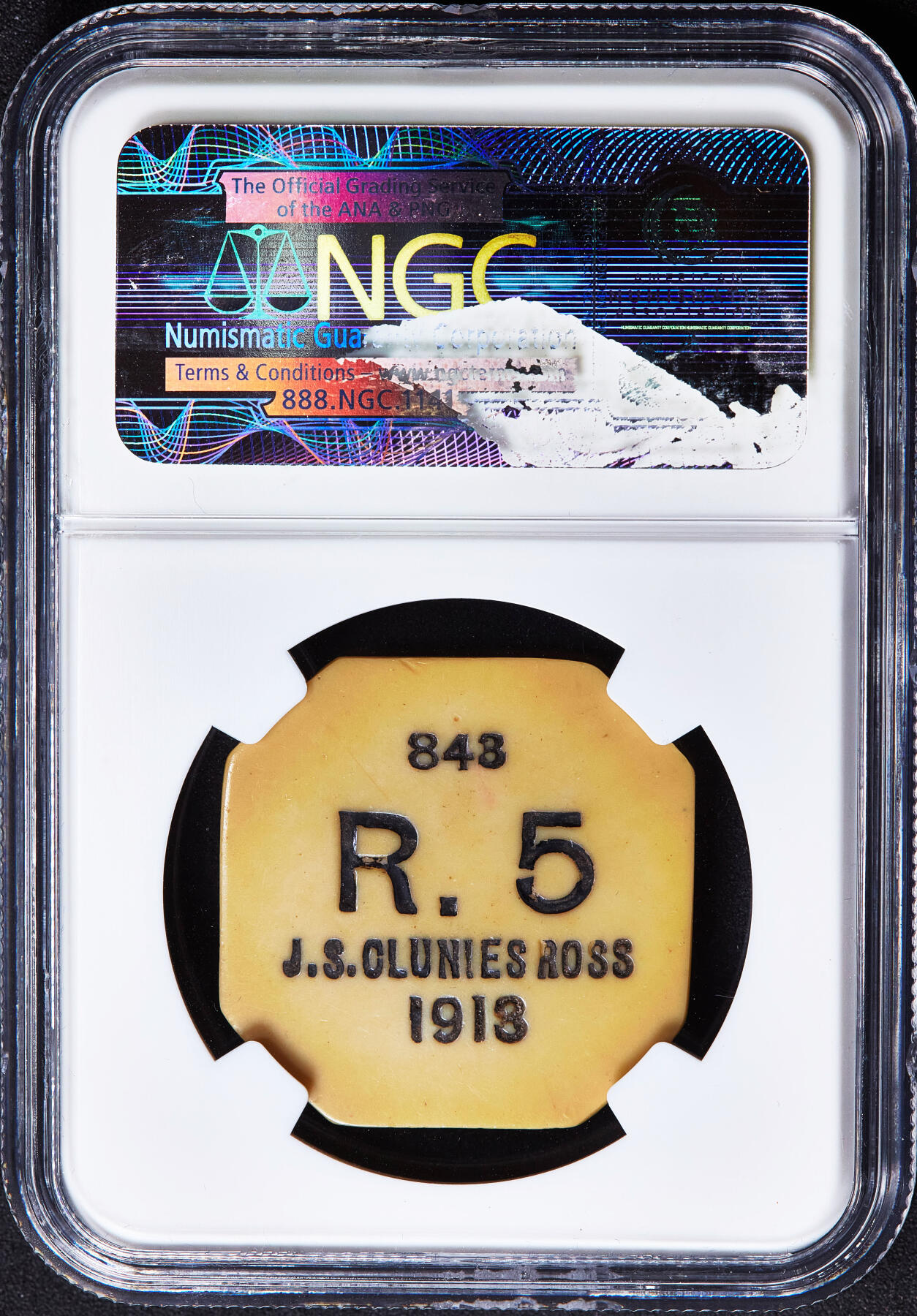 【俄甄集藏】2026年(050)04-01星期三 晚 19:30 全场包邮 英属基林科科斯群岛1913年5卢比象牙币（实际为树脂塑料币），NGC AU50，最大面值，名誉品种，发行量只有1000枚，自己清晰，实属难得