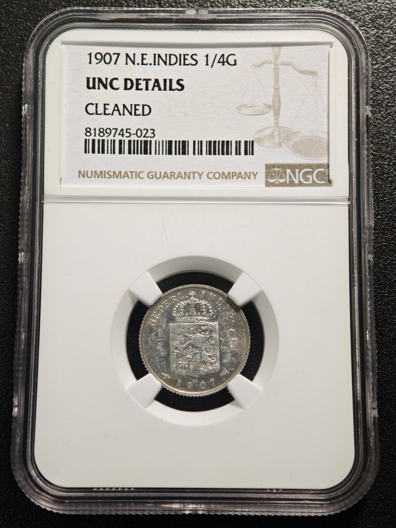 【德藏】世界币章拍卖第169期（拍品征集中~欢迎藏友联系） 1907年 荷属东印度1/4盾银币 NGC UNC