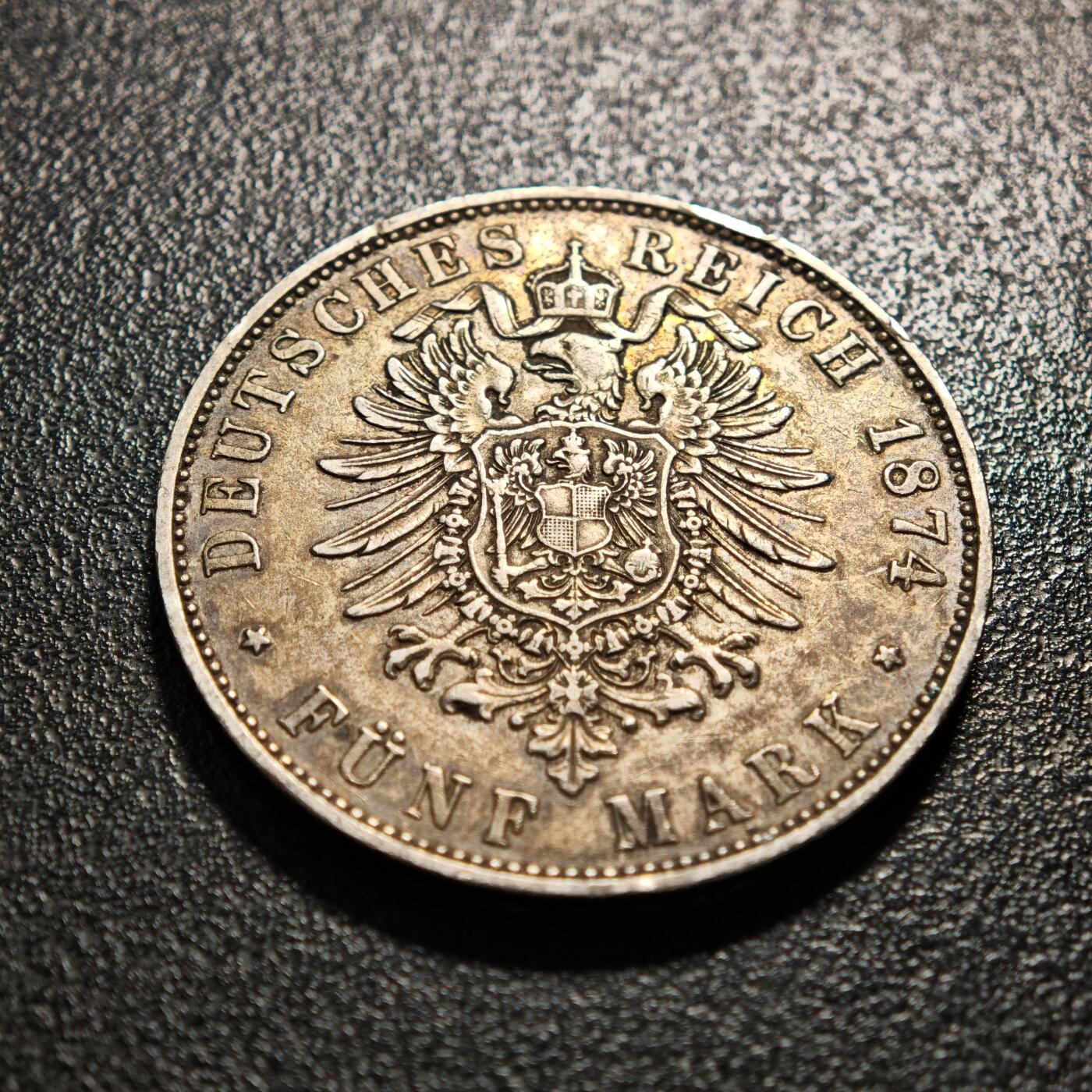 【德藏】世界币章拍卖第169期（拍品征集中~欢迎藏友联系） 1874年 德国巴伐利亚路德维希二世5马克大银币 直径约：38mm；重约：27.6g 原味酱彩包浆