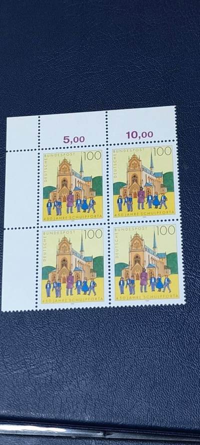 德国邮票专场，都是四方联 - 德国邮票四方联，1993年发行， 男子学校450周年。学校教育建筑，品相如图