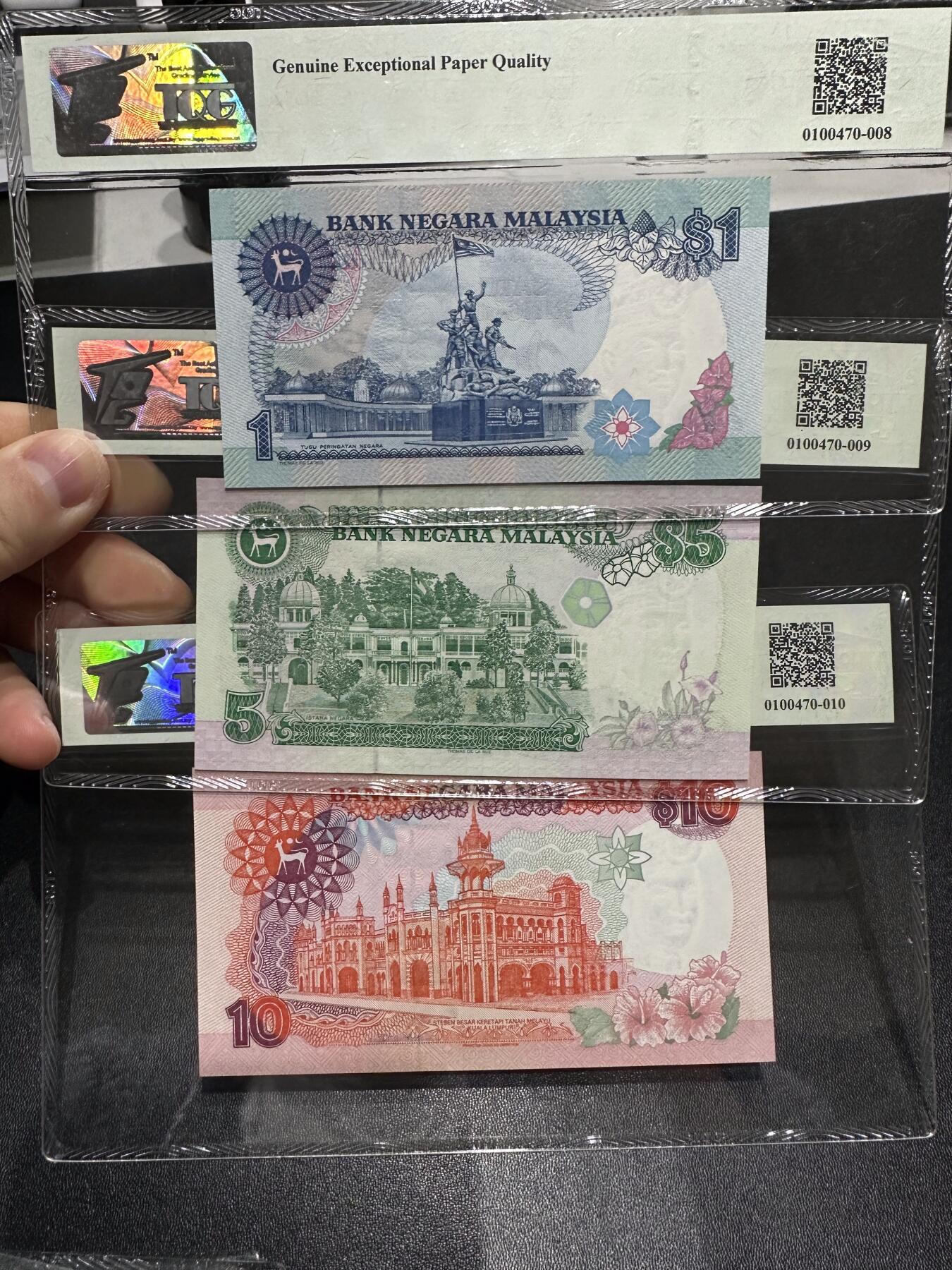 《外钞收藏家》第六百二十一期（精选场）（长期征集拍品、欢迎藏友们联系合作） 马来西亚1、5、10林吉特 TQG评级 三张一起 
