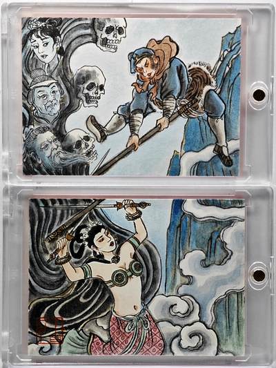 白泽拍卖卡牌手绘专场第34期（花朝去了又春分 草如茵 柳烟新） - 2026 卢艺丰手绘卡 2张 三打白骨精 拼卡  卢艺丰背简绘 钤印 卡砖封装