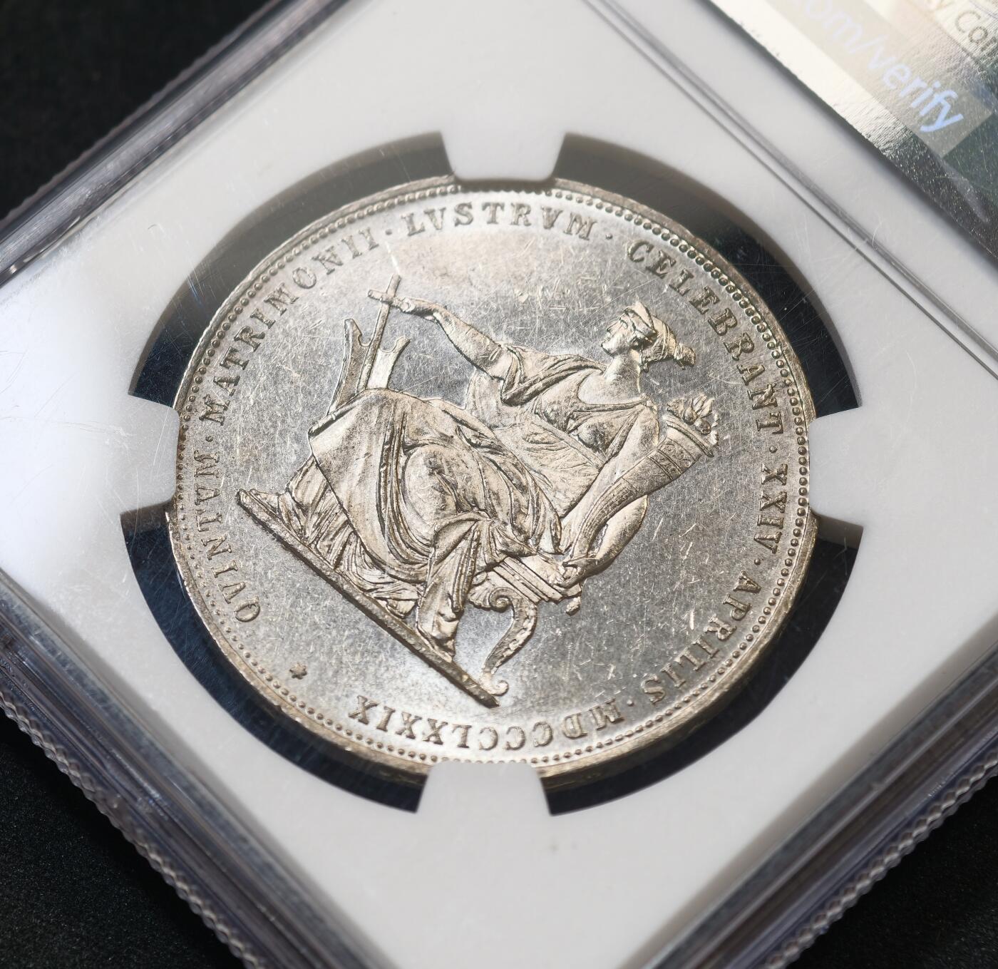 “方寸甄品”甄品场，甄臻铺-世界币章拍卖（第57期，直播拍卖），送拍享返佣金等优惠多多 NGC-MS62 1879年奥匈帝国皇帝弗朗茨一世与茜茜公主银婚纪念2古尔登大银币，经典品种，光度好