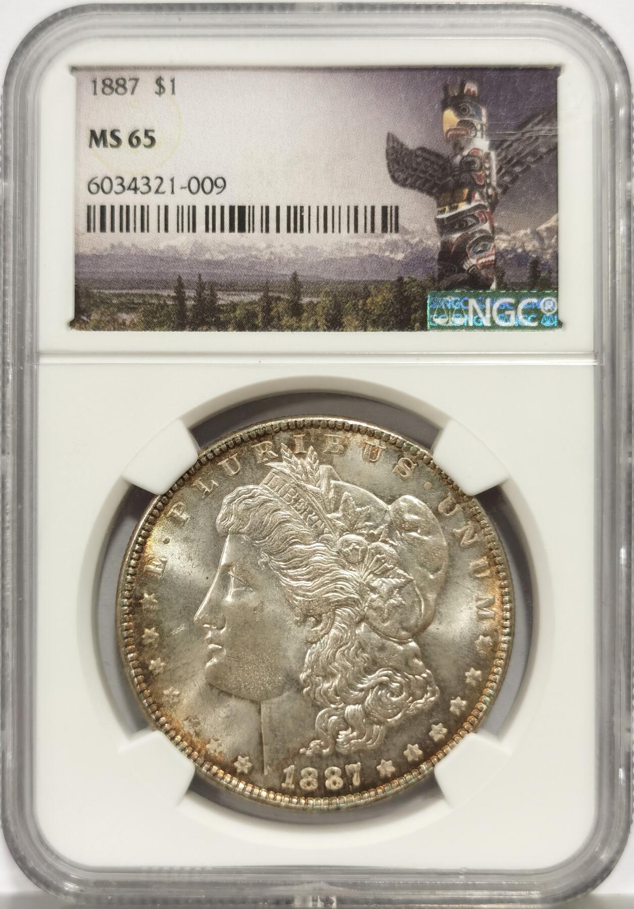 博洋堂“芳菲春韵”3月精品大拍专场暨第166期（全场包邮） NGC MS65 美国1887年摩根银币 双面鎏金焕采 整个币显得及其高雅再加上大西北名家旧藏标签 收藏就要做到传承有序 用这种灵动的方式来链接过去