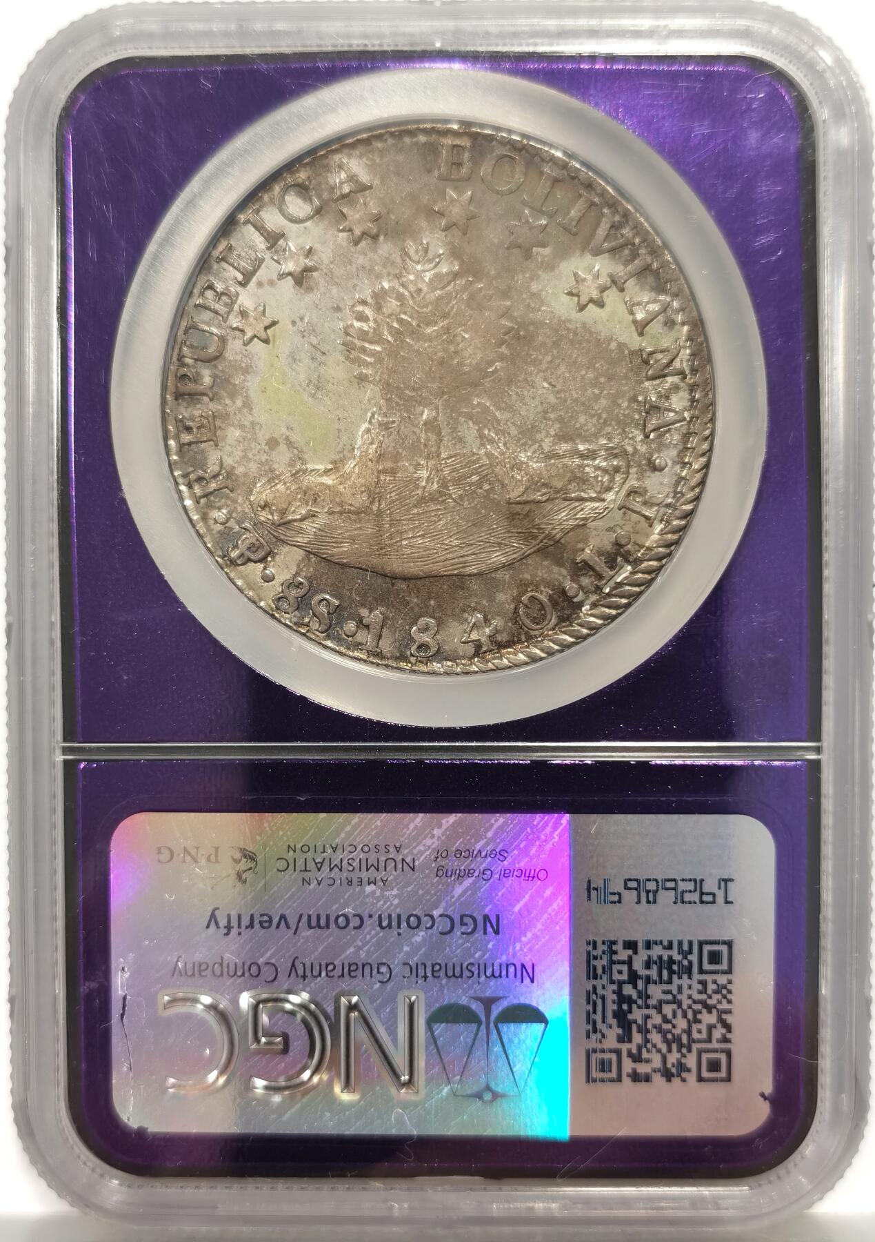 博洋堂“芳菲春韵”3月精品大拍专场暨第166期（全场包邮） NGC AU58 1840年玻利维亚PTS LR版8sol大银币 非常特殊且少见的镭射蜜蜂标签和插片，源自美国名家系列旧藏。相当罕见的品种，相当罕见的状态，原味黑彩包浆，状态极为出众，此年份麦稀奇仅见