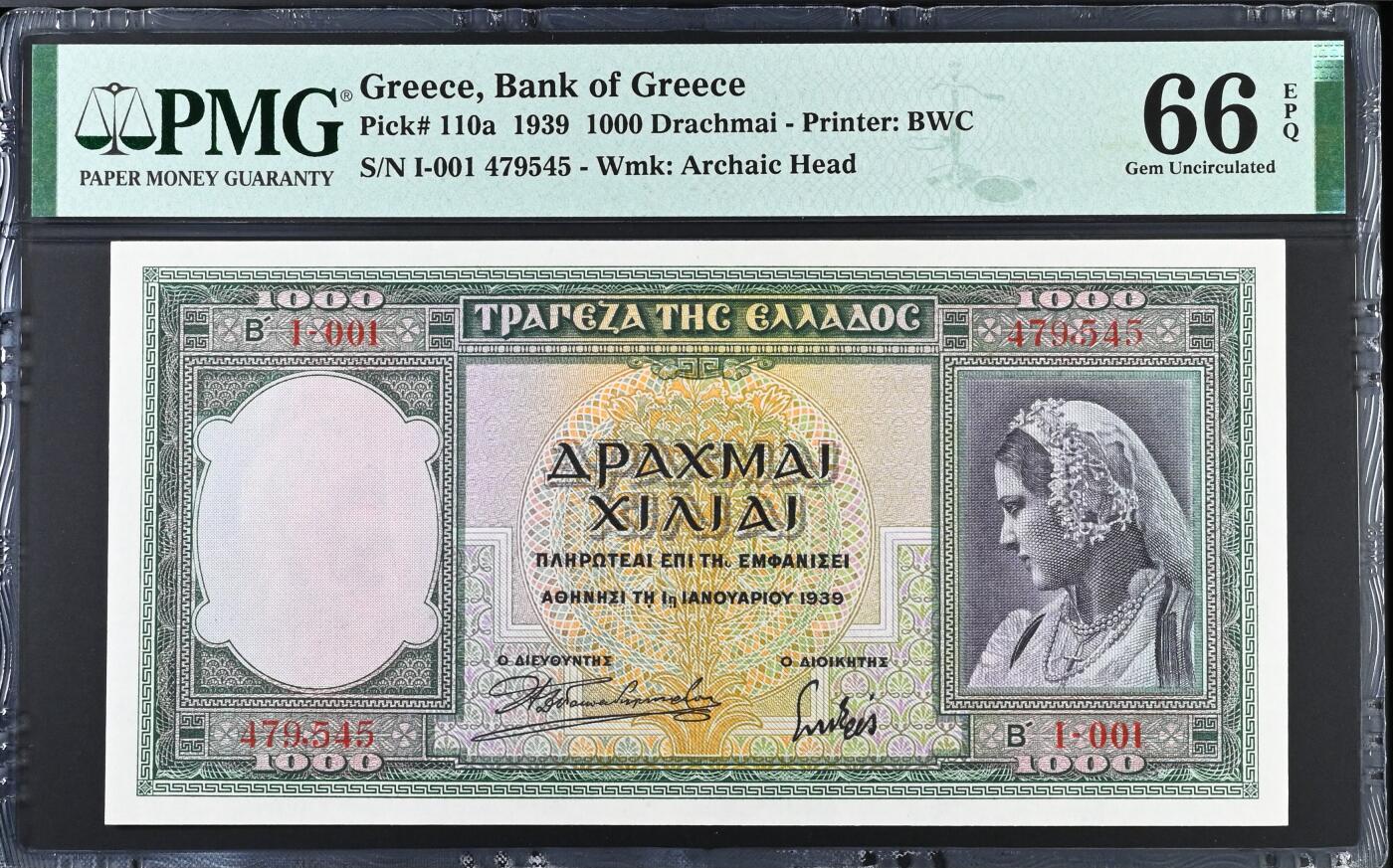 《外钞收藏家》第六百二十一期（精选场）（长期征集拍品、欢迎藏友们联系合作） 希腊1939年1000马克 经典BWC印刷 PMG66 超大票幅 背面希腊神话奥林匹斯宫殿帕特农神殿
