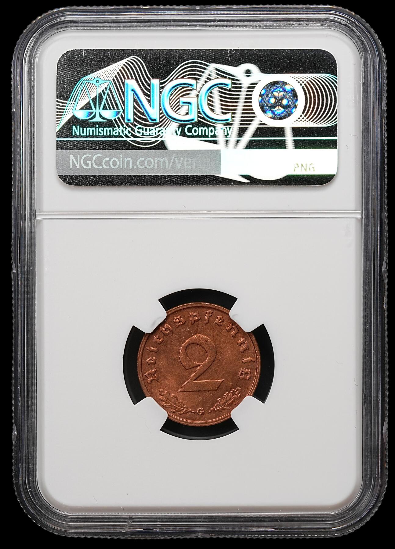 修遠堂世界钱币第109期 NGC MS64RB 1939年德国2芬尼铜币 G厂铭