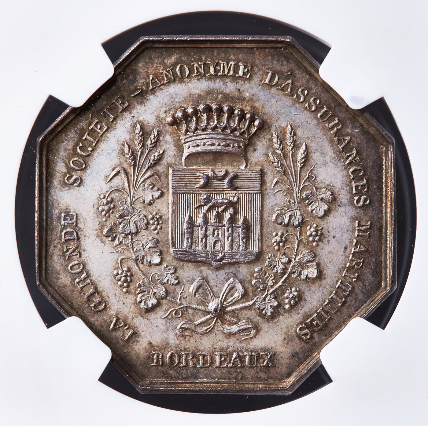 【俄甄集藏】2026年(050)04-01星期三 晚 19:30 全场包邮 法国1844年波尔多吉伦特海事安全协会八角银质代用币章，NGC MS62，原味包浆，名誉品种，手指铭