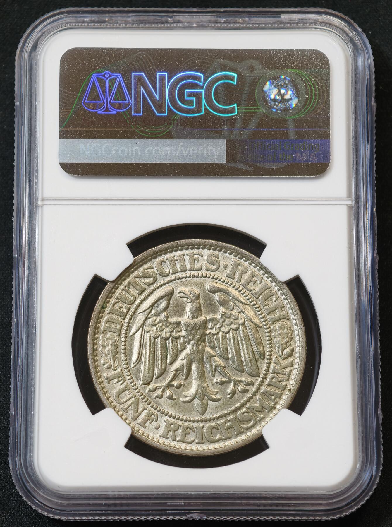 “方寸甄品”甄品场，甄臻铺-世界币章拍卖（第57期，直播拍卖），送拍享返佣金等优惠多多 NGC-MS65 德国1932年A版魏玛橡树5马克银币 经典品种，黄油彩老包浆，暴力转光，深打有细节，高分，值得收藏