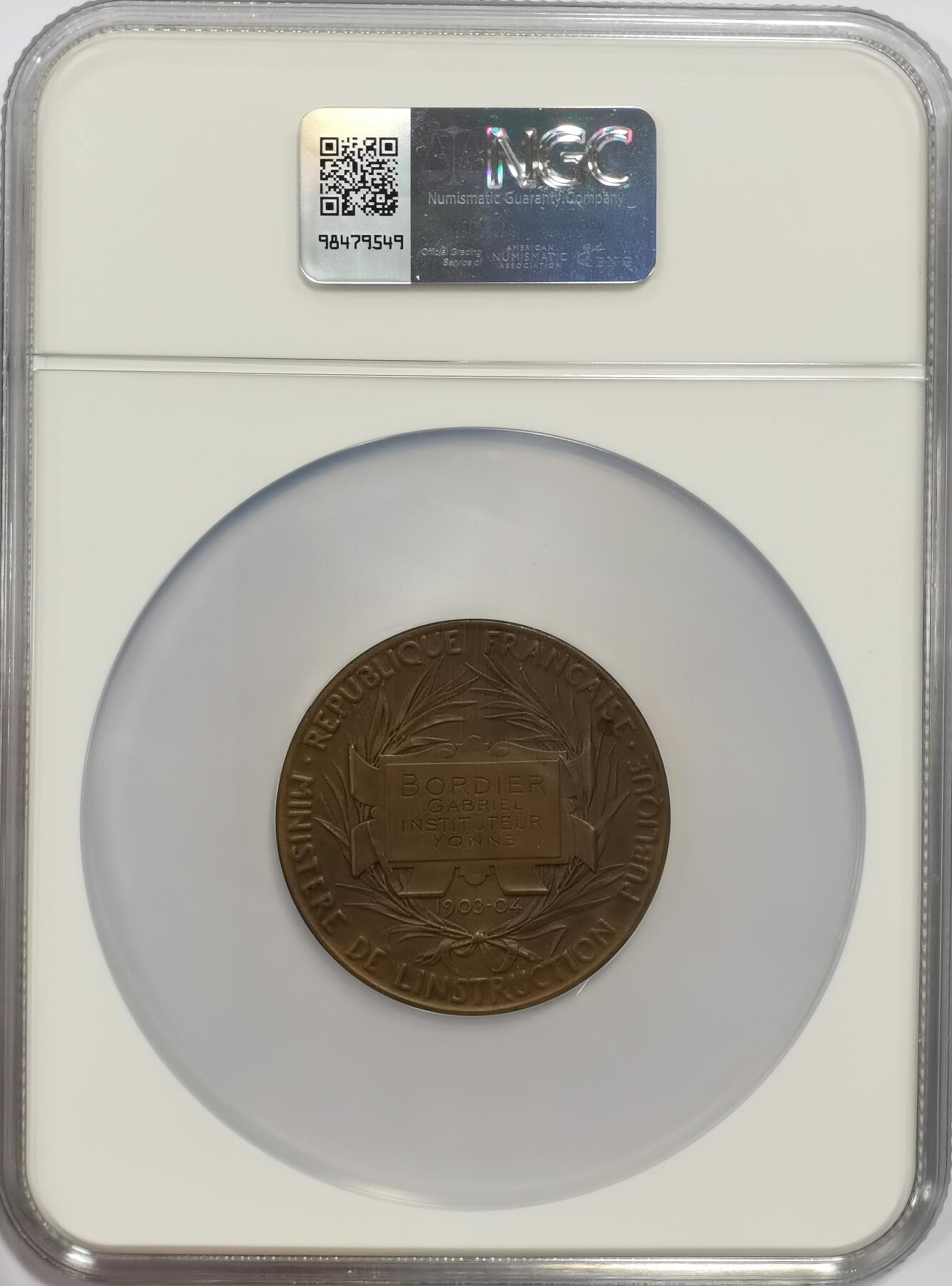 博洋堂“芳菲春韵”3月精品大拍专场暨第166期（全场包邮） NGC MS64 法国1904年初等教育纪念大铜章，早期大铜章高分难得