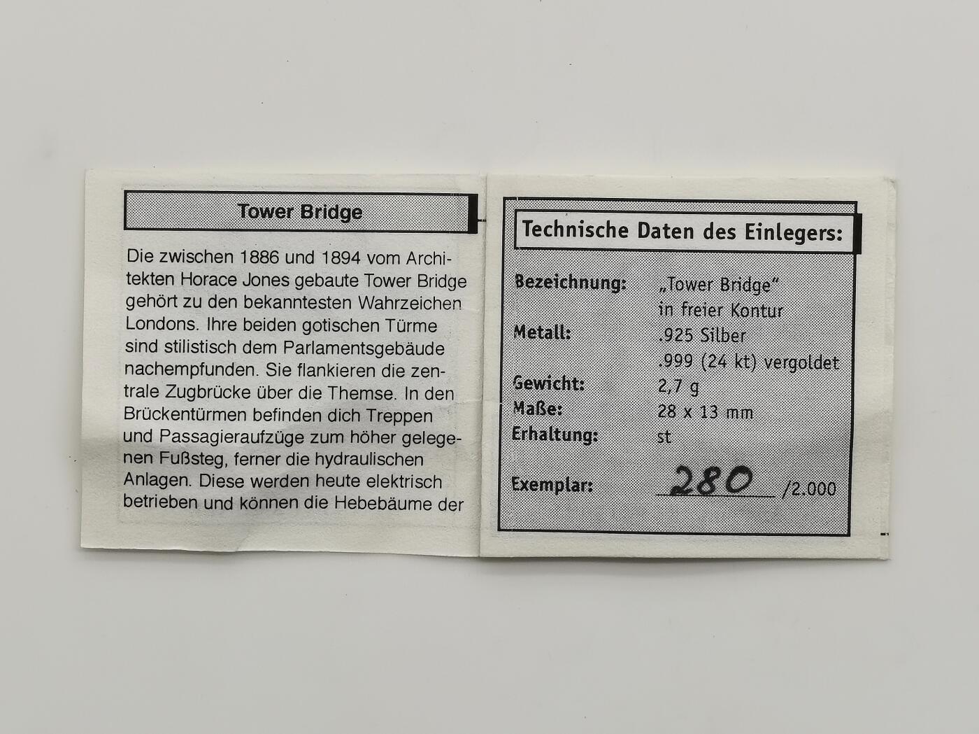博洋堂“芳菲春韵”3月精品大拍专场暨第166期（全场包邮） 瑙鲁2005年10元带镀金插件反向精制银币 欧洲地标-塔桥（英） 1盎司999银 发行量：2千 带证