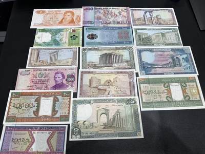 《外钞收藏家》第六百二十一期（精选场）（长期征集拍品、欢迎藏友们联系合作） - 阿根廷1比索AU+尼日利亚、毛里塔尼亚、黎巴嫩等14张全新 一起