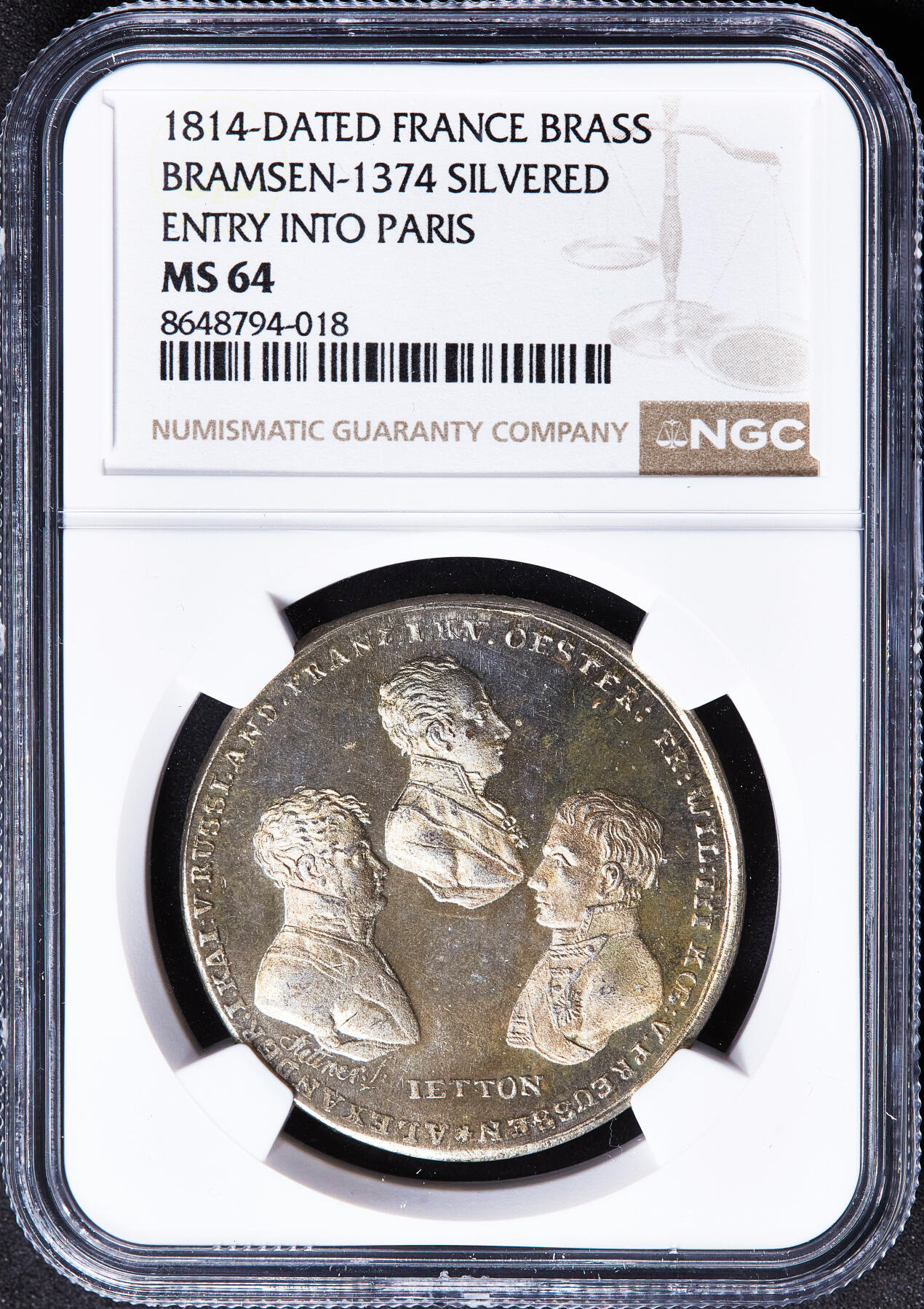 【俄甄集藏】2026年(050)04-01星期三 晚 19:30 全场包邮 法国1814年纪念反法同盟三巨头占领巴黎镀银铜章，NGC MS64，类精制底板，顶级品相，少见品种，奥地利皇帝弗朗茨一世，俄国沙皇亚历山大一世，普鲁士国王腓特烈·威廉三世
