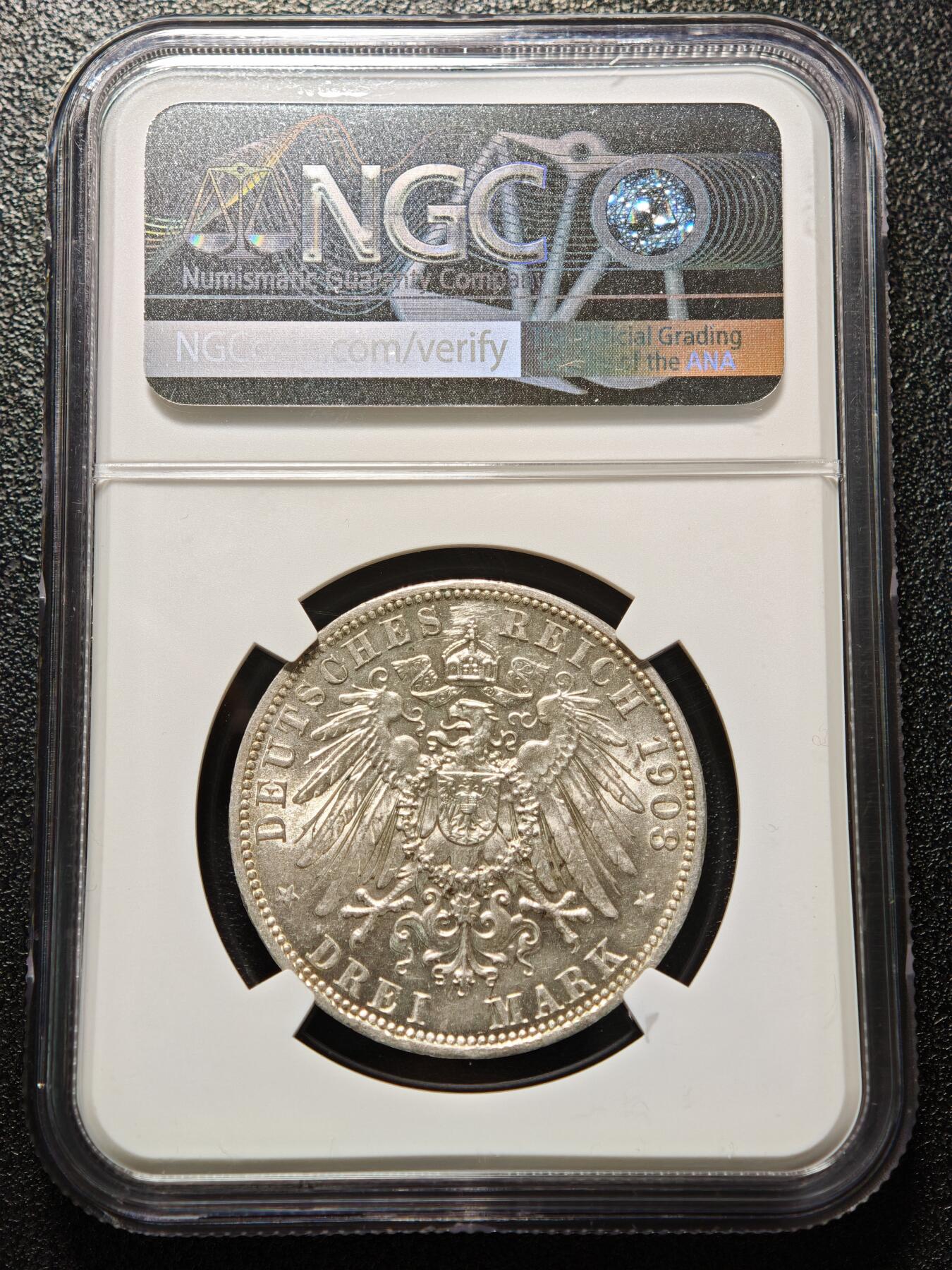 【德藏】世界币章拍卖第169期（拍品征集中~欢迎藏友联系） 1908年 德国普鲁士威廉二世3马克银币 NGC UNC