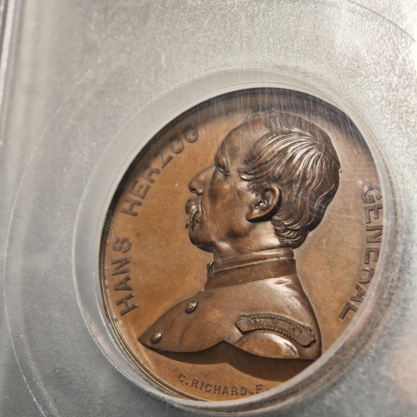 【德藏】世界币章拍卖第169期（拍品征集中~欢迎藏友联系） 1889年 瑞士汉斯赫尔佐格将军服役50周年高浮雕纪念大铜章 PCGS SP63 细节丰富