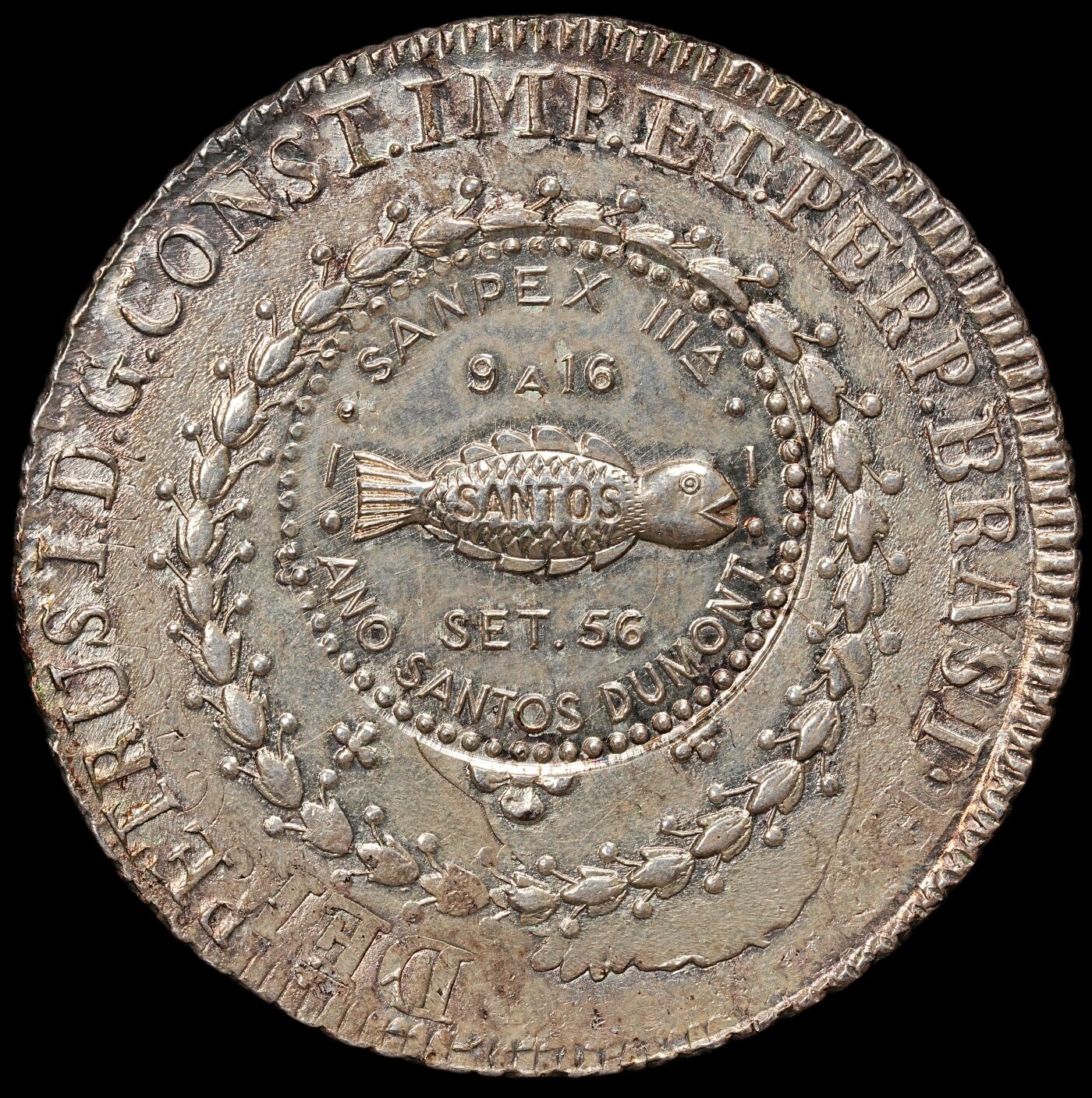 修遠堂世界钱币第109期 1956年第三届圣保罗集邮与钱币展纪念币，加盖在19世纪巴西帝国960 Reis大银币上，稀见，26.86g