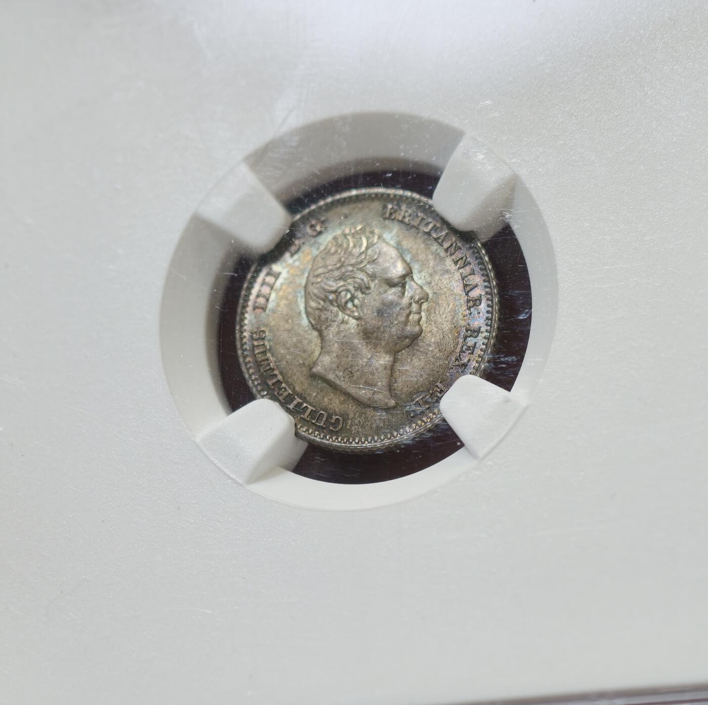 “方寸甄品”甄品场，甄臻铺-世界币章拍卖（第57期，直播拍卖），送拍享返佣金等优惠多多 NGC-MS64 1836年英国威廉四世4便士银币，灰色五彩包浆，顶级状态