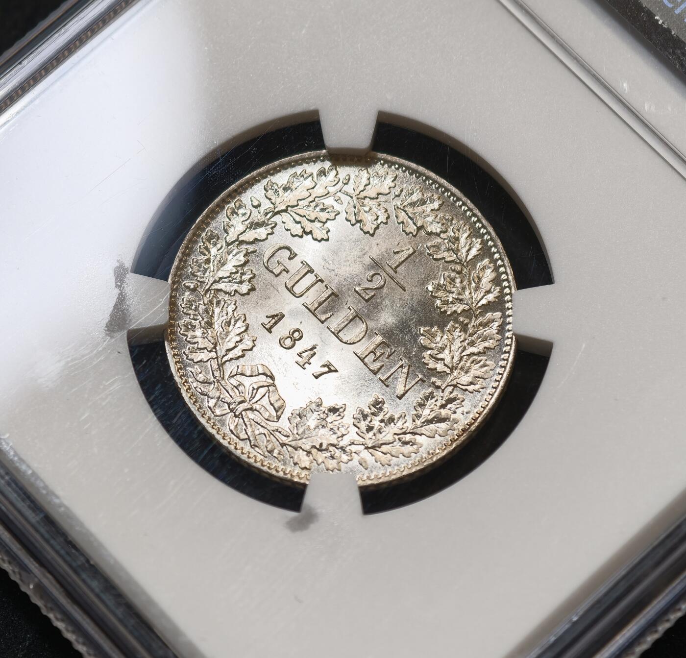 “方寸甄品”甄品场，甄臻铺-世界币章拍卖（第57期，直播拍卖），送拍享返佣金等优惠多多 NGC MS66 1847年德国年法兰克福1/2古尔登银币，冠军分，少见版本，顶级状态，一步到位