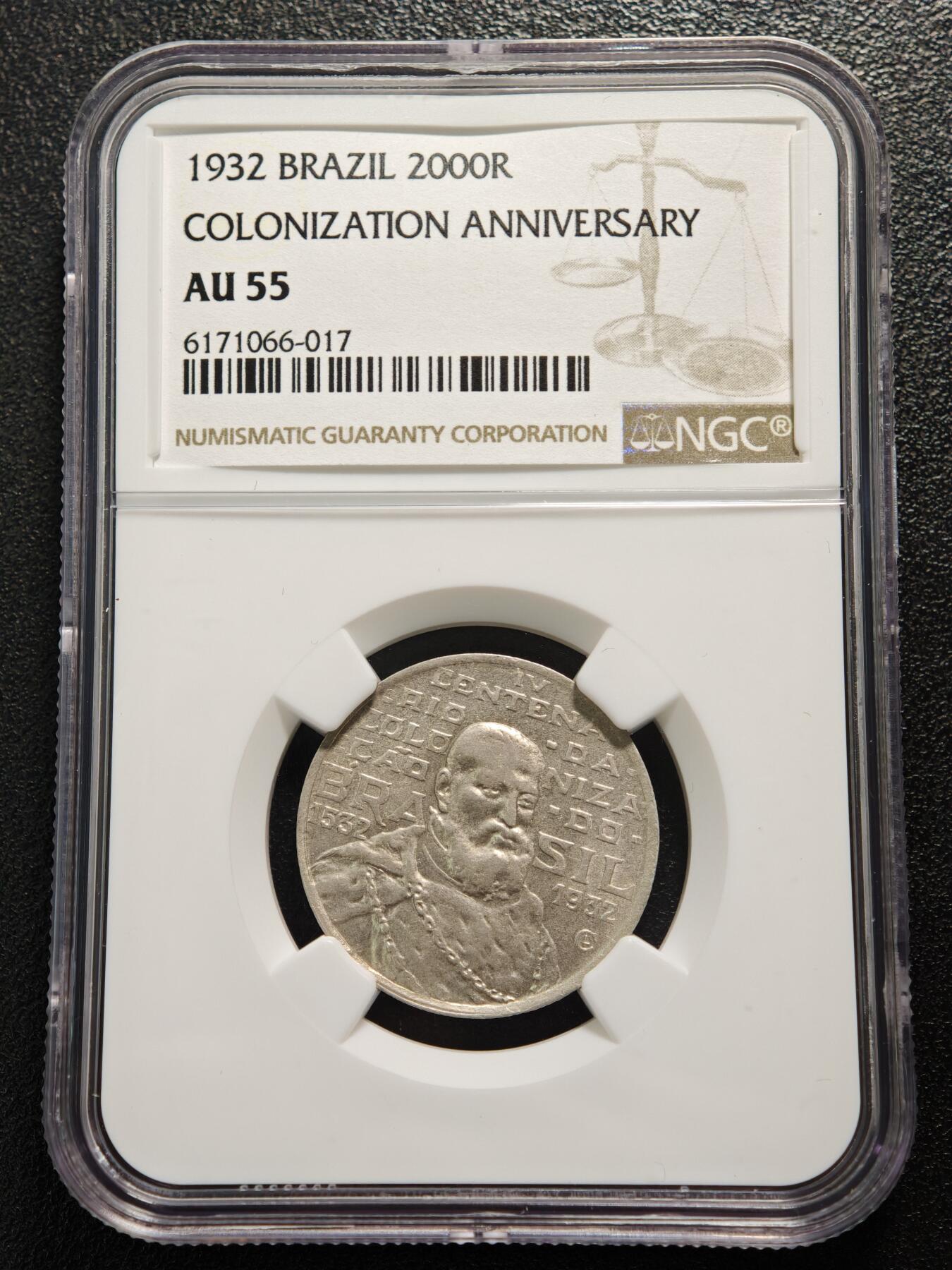 【德藏】世界币章拍卖第169期（拍品征集中~欢迎藏友联系） 1932年 巴西殖民地400周年2000瑞斯纪念银币 NGC AU55
