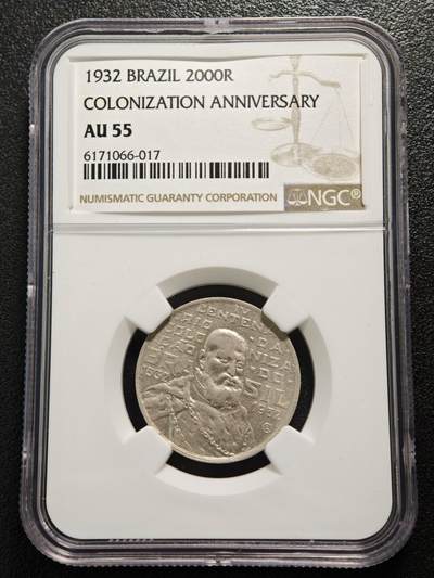 【德藏】世界币章拍卖第169期（拍品征集中~欢迎藏友联系） - 1932年 巴西殖民地400周年2000瑞斯纪念银币 NGC AU55