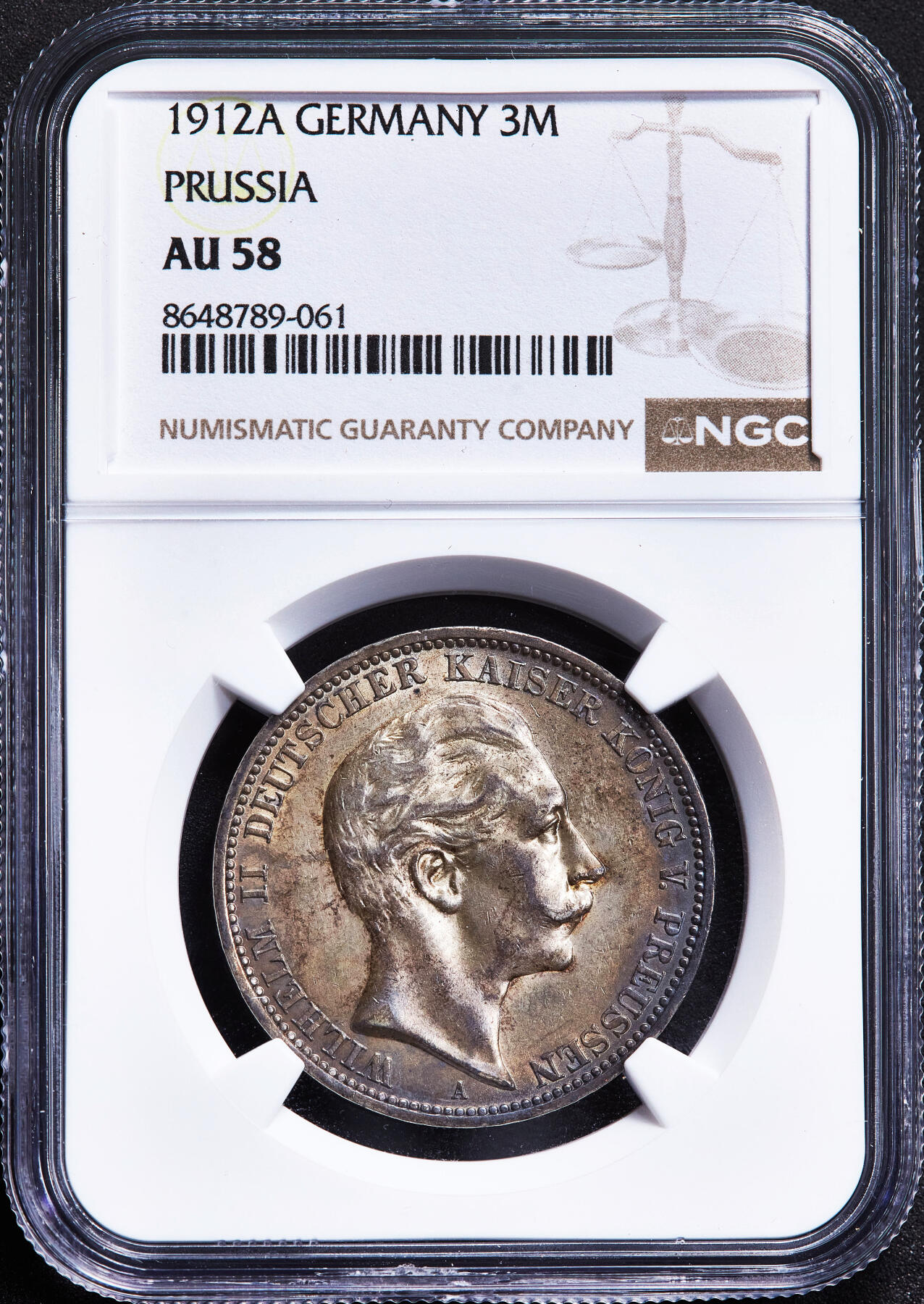 【俄甄集藏】2026年(050)04-01星期三 晚 19:30 全场包邮 德国普鲁士1912年威廉二世A版3马克银币，NGC AU58，黄油酱彩原味老包浆，原光品相，疑似低评