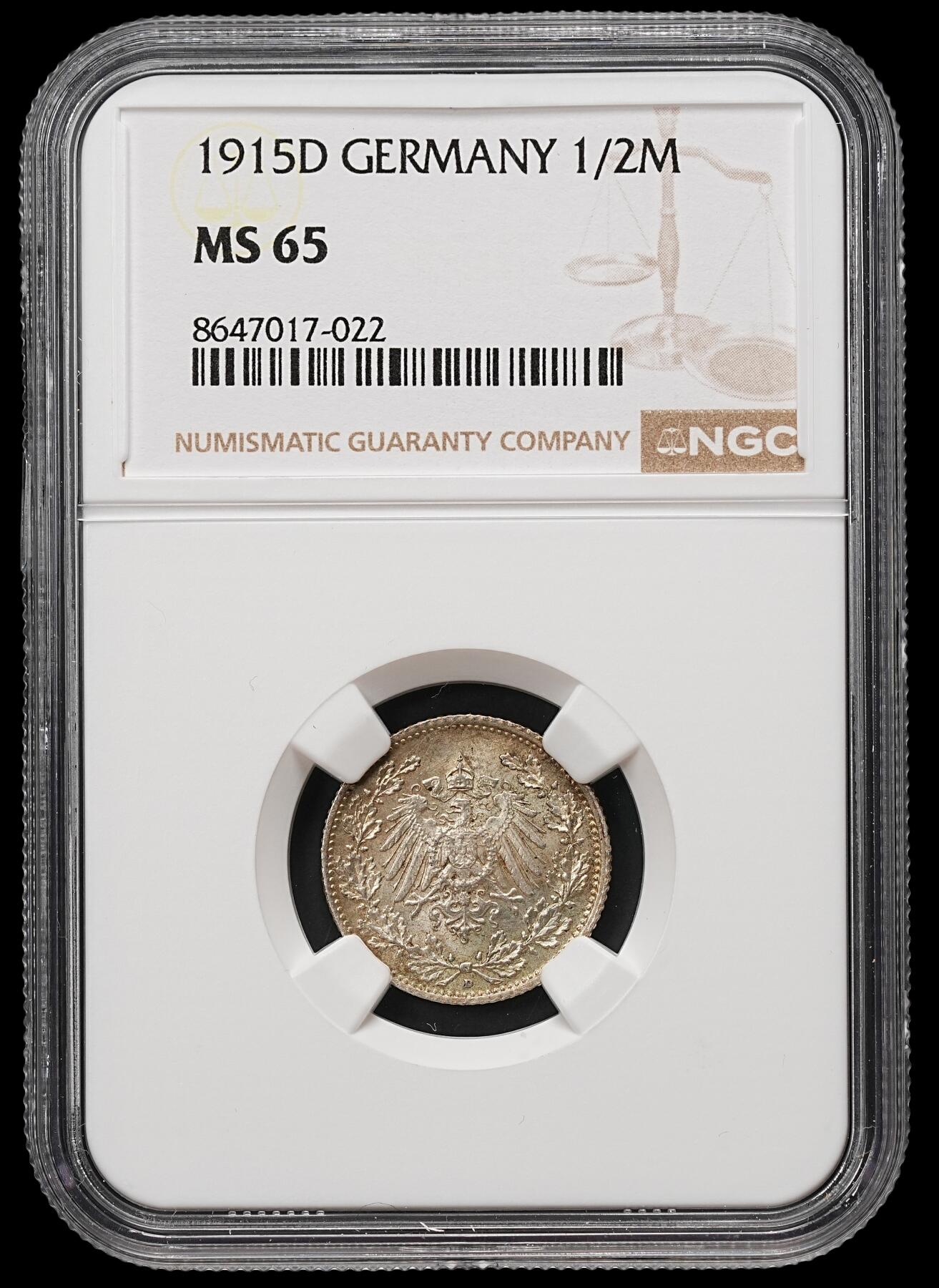 修遠堂世界钱币第109期 NGC MS65 1915年德国1/2马克银币 D厂铭