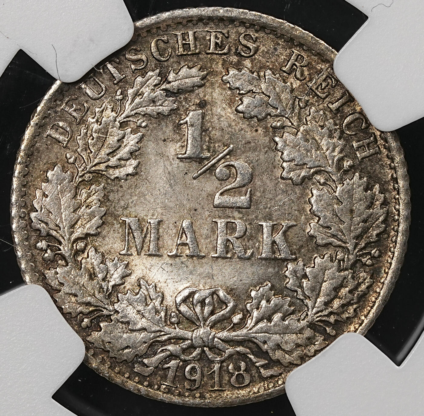 修遠堂世界钱币第109期 NGC MS65 1918年德国1/2马克银币，F厂铭