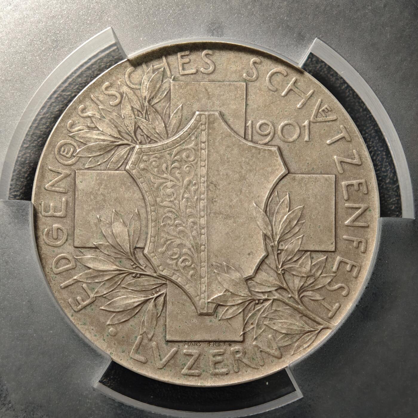 【德藏】世界币章拍卖第169期（拍品征集中~欢迎藏友联系） 1901年 瑞士卢塞恩射击节纪念大银章 PCGS SP64 磨砂质感