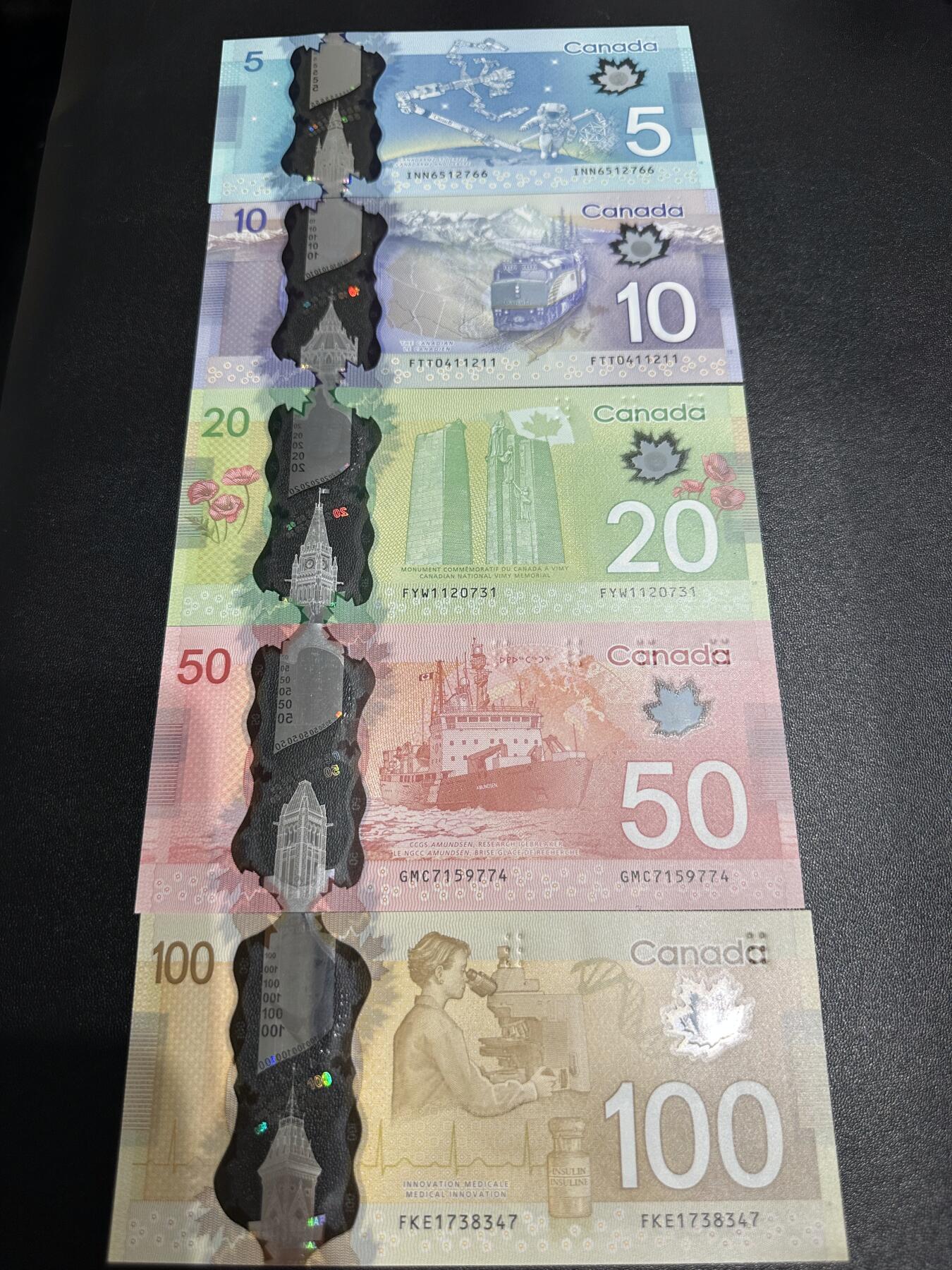 《外钞收藏家》第六百二十一期（精选场）（长期征集拍品、欢迎藏友们联系合作） 加拿大塑料钞50-100加元 五张一起 全新UNC 尾766
