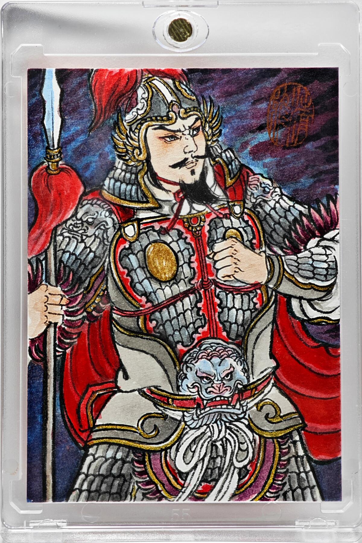 白泽拍卖卡牌手绘专场第34期（花朝去了又春分 草如茵 柳烟新） 2026 卢艺丰手绘卡 岳飞  卢艺丰背签题 钤印 卡砖封装