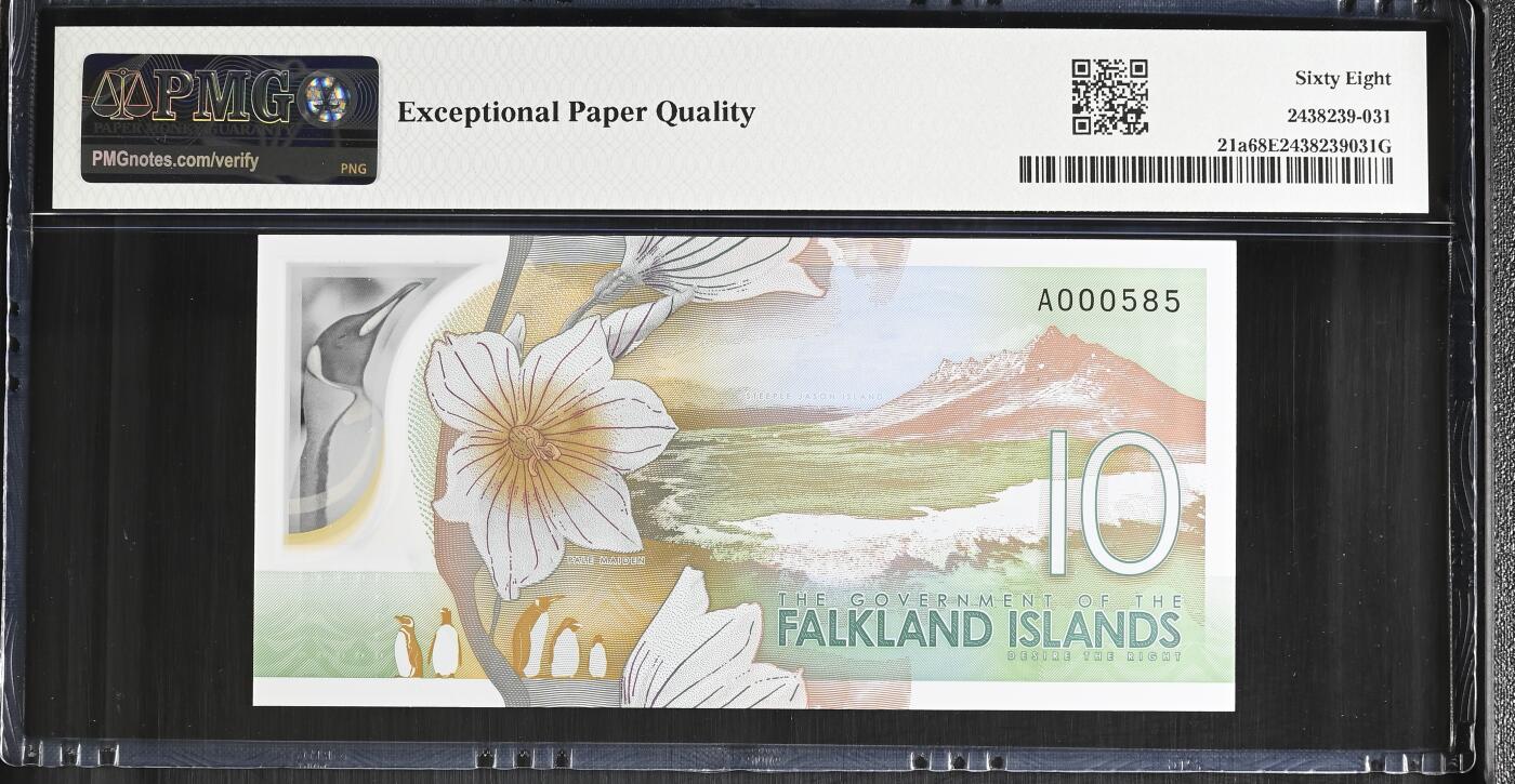 《艾美收藏》第238期-3.29周日外币畅拍场 福克兰岛2025年AA冠10镑PMG68E高分少见百位585号 更高分仅5张 百位号段目前很少看到 Pick#21a