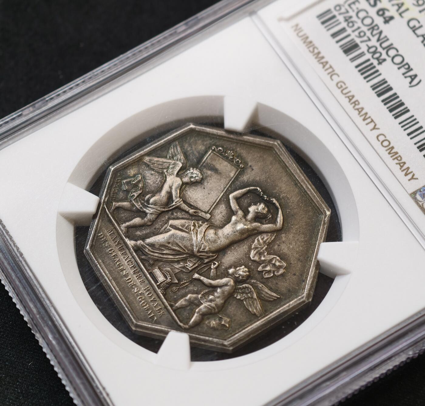 “方寸甄品”甄品场，甄臻铺-世界币章拍卖（第57期，直播拍卖），送拍享返佣金等优惠多多 NGC-MS64 1830年法国皇家玻璃制造业（圣戈班）银质八角代用币，丰饶角，为纪念