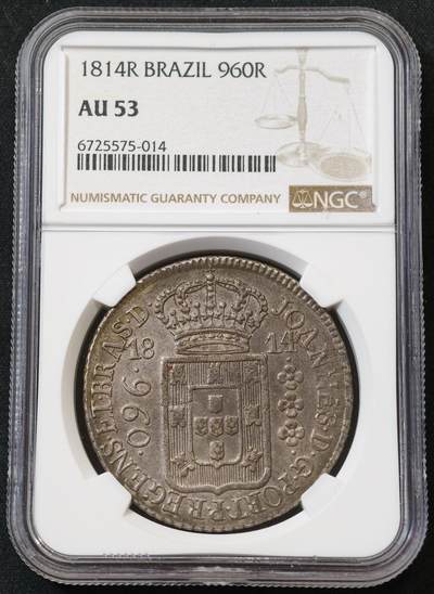 “方寸甄品”甄品场，甄臻铺-世界币章拍卖（第57期，直播拍卖），送拍享返佣金等优惠多多 - NGC-AU53 1814R 巴西960R 大银币，还有浅浅转光