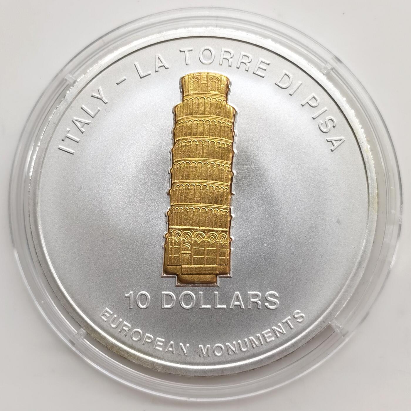博洋堂“芳菲春韵”3月精品大拍专场暨第166期（全场包邮） 瑙鲁2006年10元带镀金插件反向精制银币 欧洲地标-比萨斜塔（意大利） 1盎司999银 发行量：2千 带证
